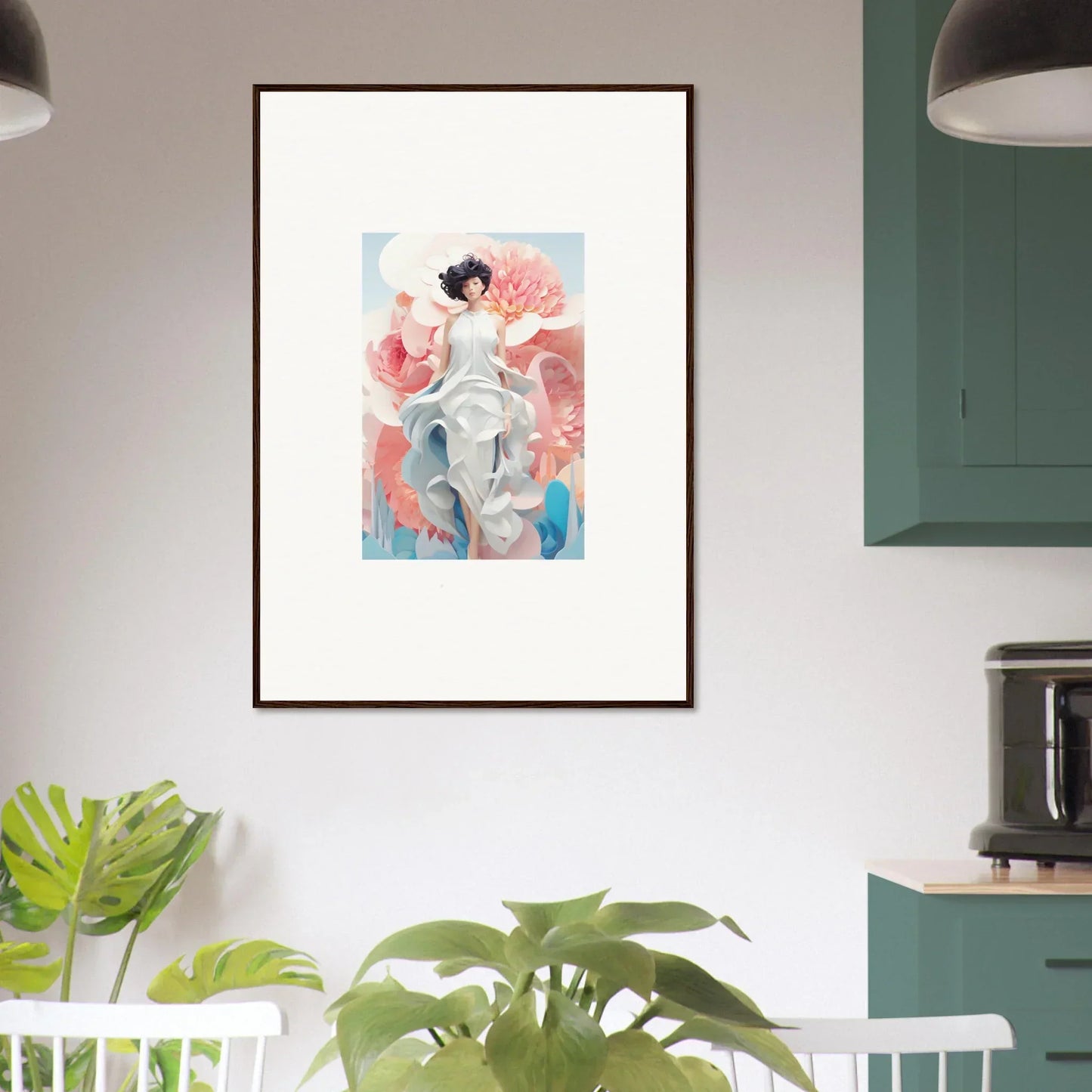 Framed canvas print of Dreamgatherer Muse person in white with pink and blue shapes