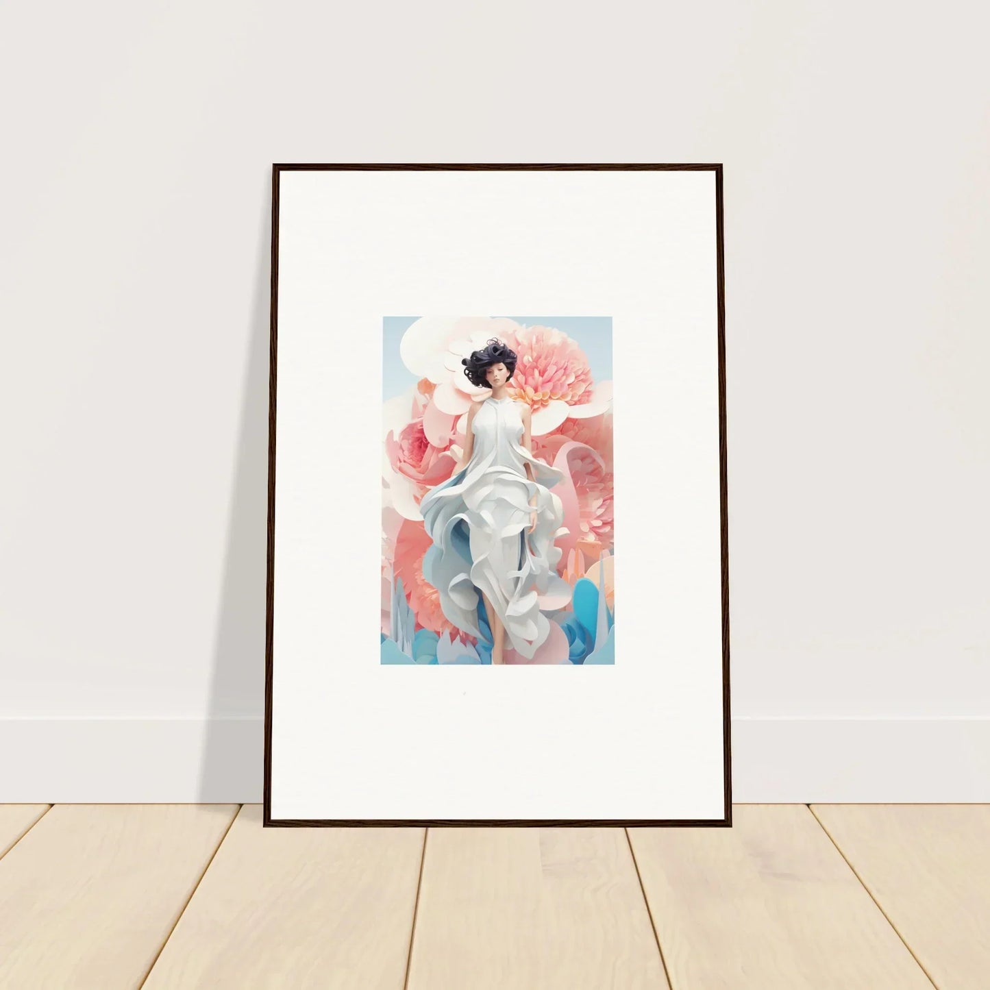 Framed canvas print of Dreamgatherer Muse with a figure and pastel floral shapes