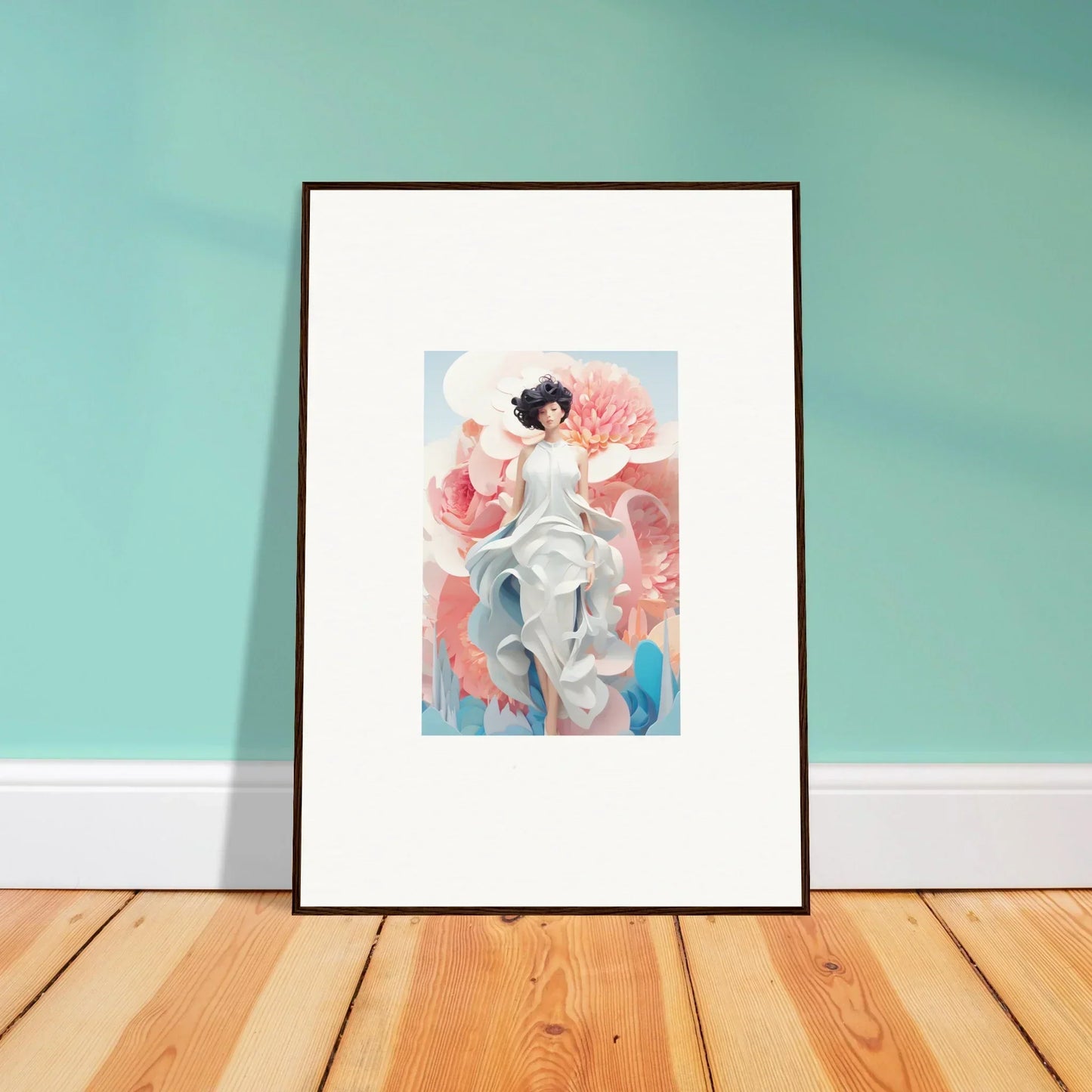 Framed canvas print of Dreamgatherer Muse with a figure in white and abstract shapes