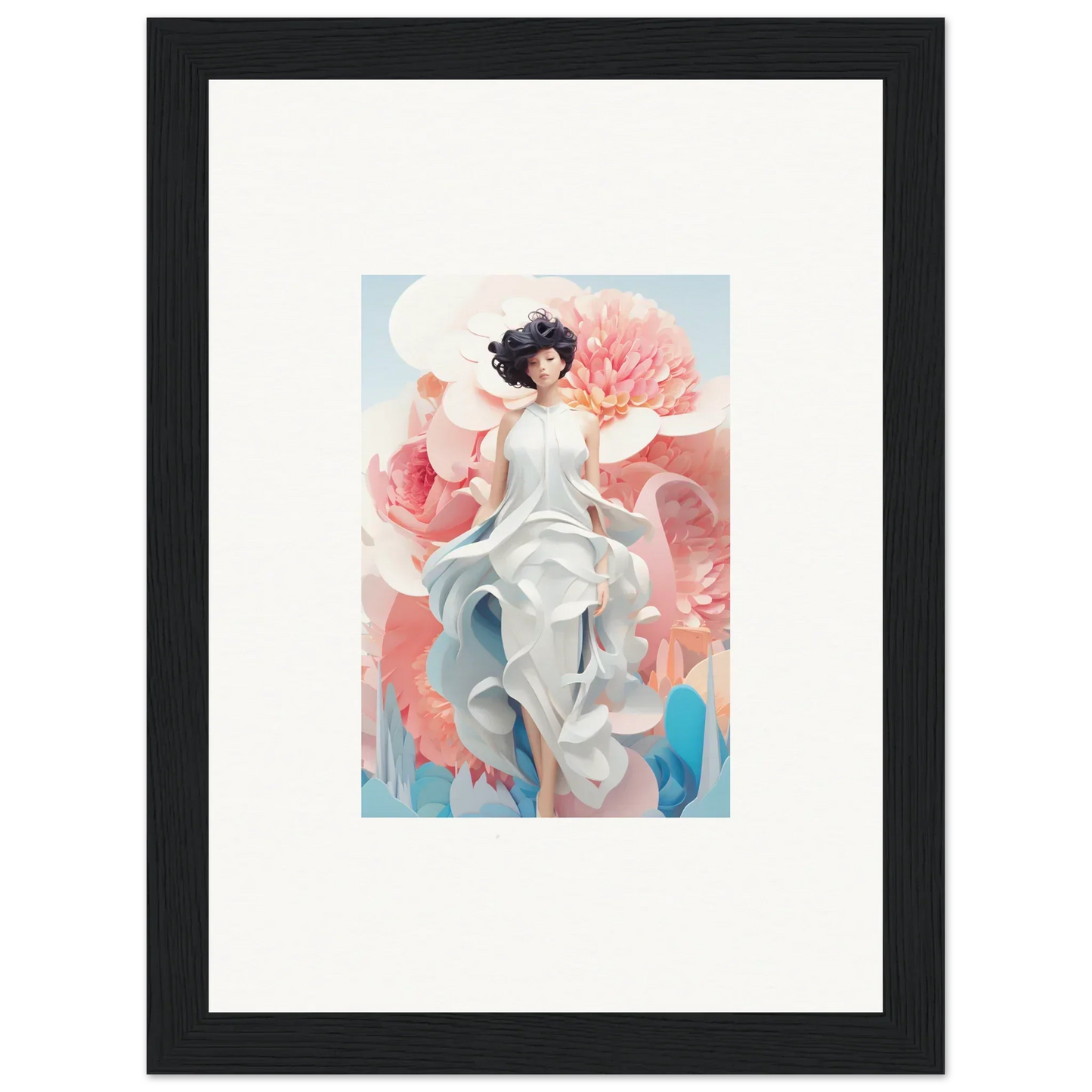 Framed Canvas Print of Dreamgatherer Muse: Woman in White Dress with Pink Florals
