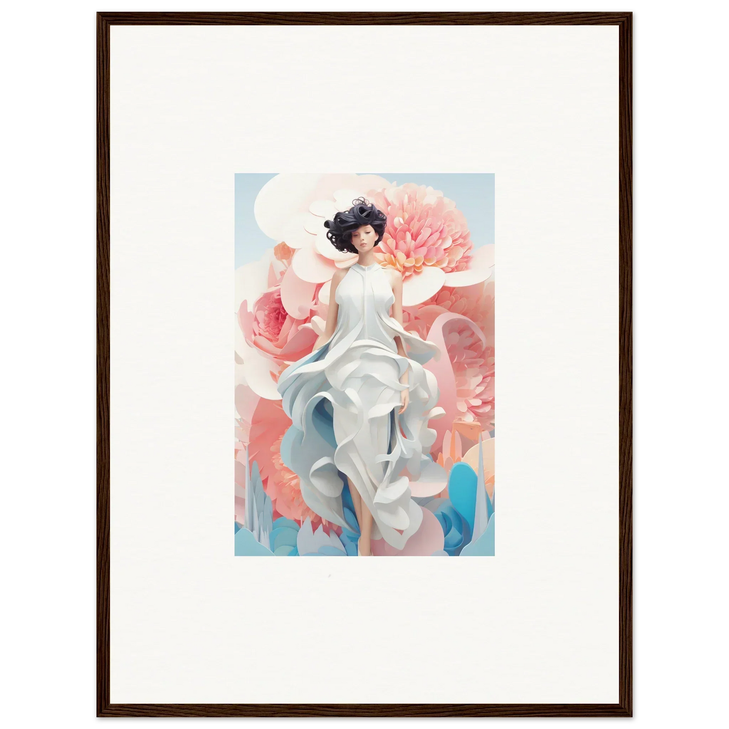 Framed canvas print of Dreamgatherer Muse in a flowy white dress with pink flowers