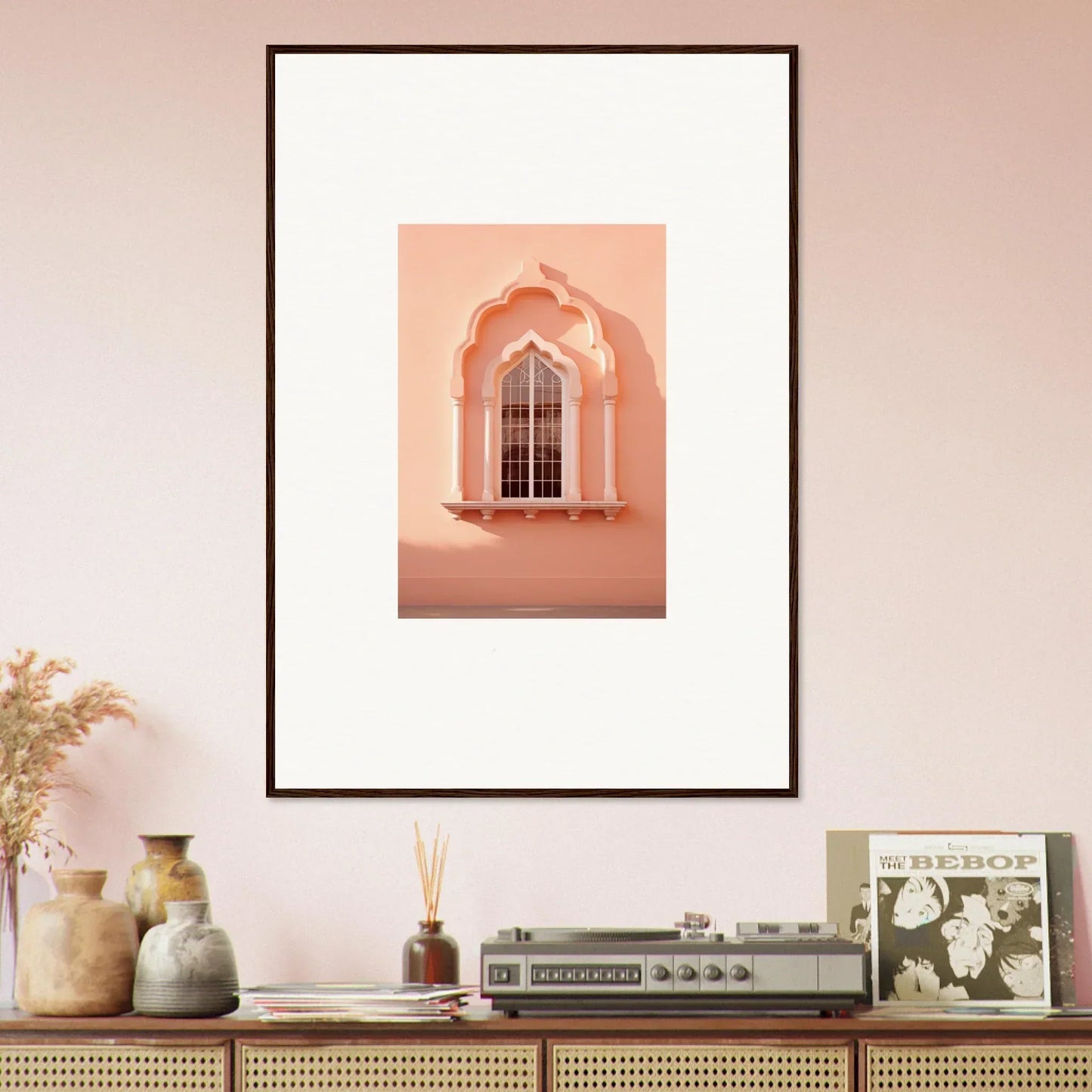 Framed art print of Petalsebb Archmelancholy with decorative window on a peachy wall