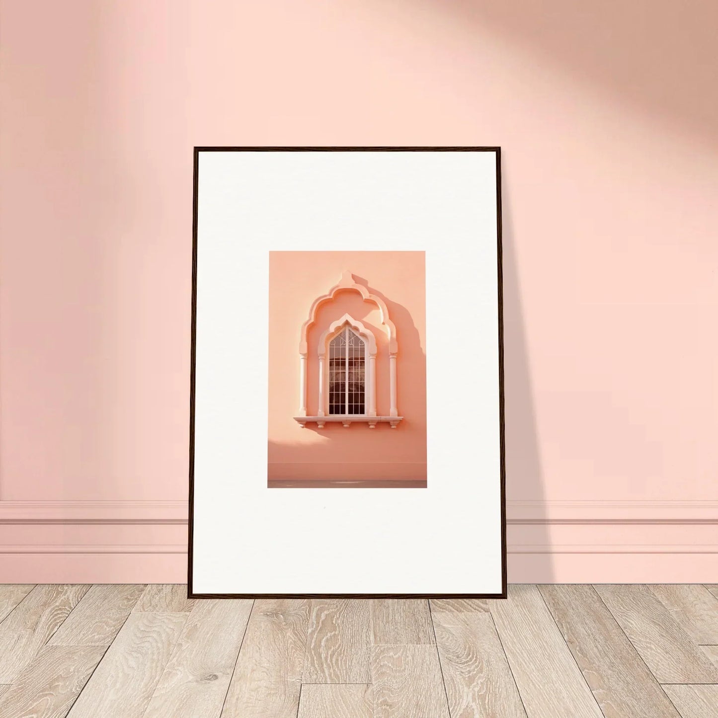 Framed photograph of a pink arched window on a pink wall from Petalsebb Archmelancholy