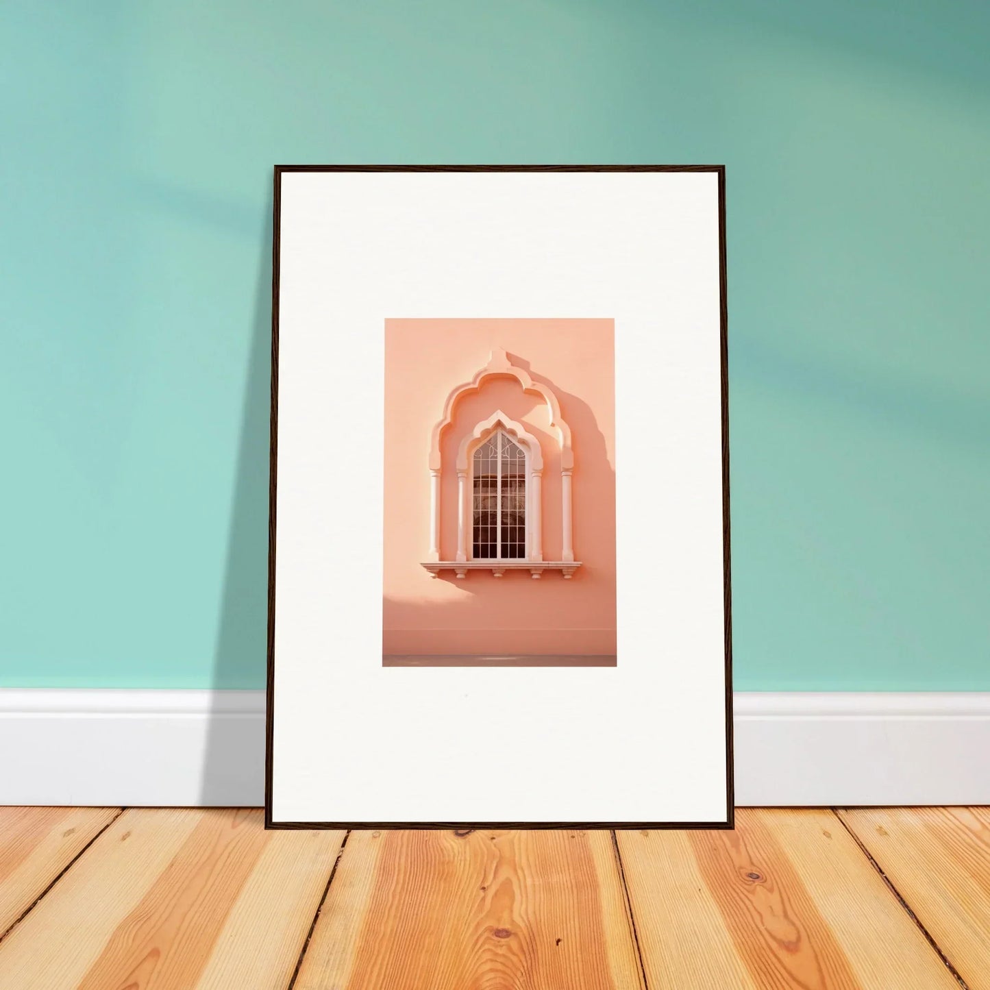 Premium framed wall art print of Petalsebb Archmelancholy with a pink arched window