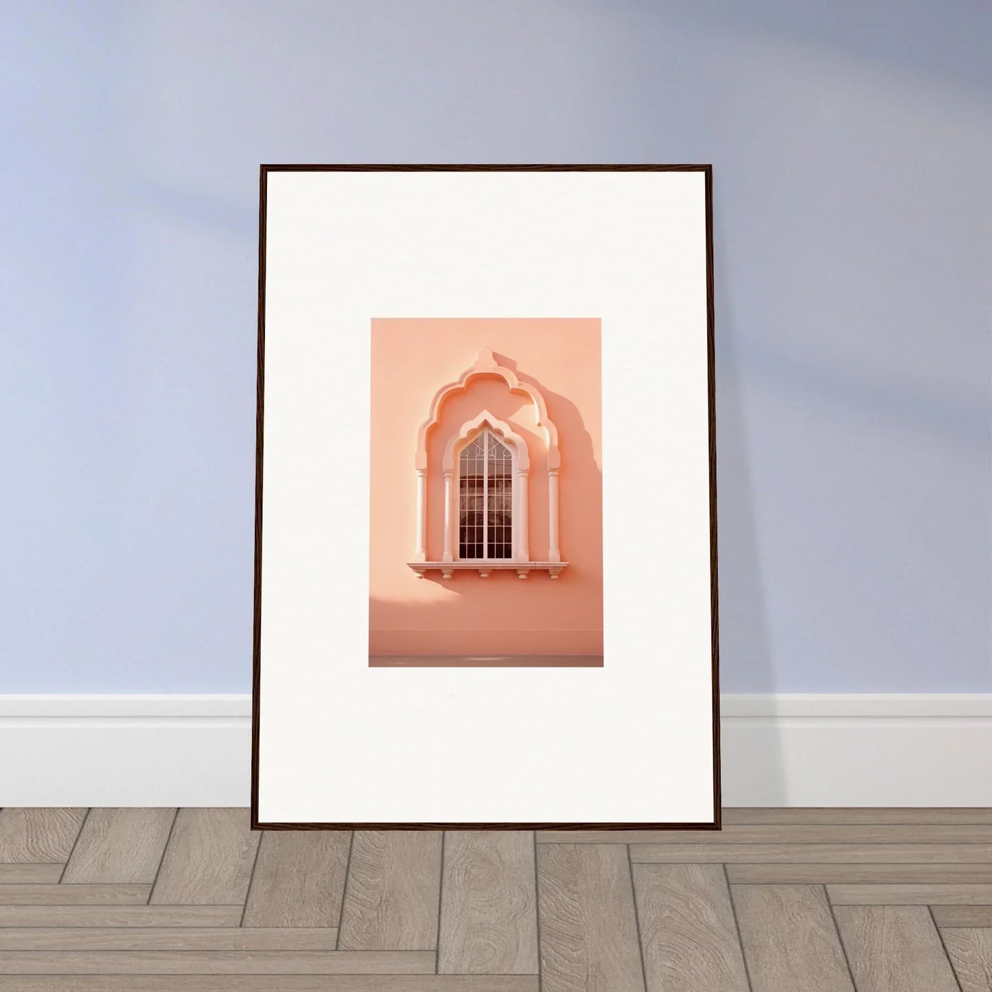 Framed art print of a pink arched window, premium wall decor from Petalsebb Archmelancholy