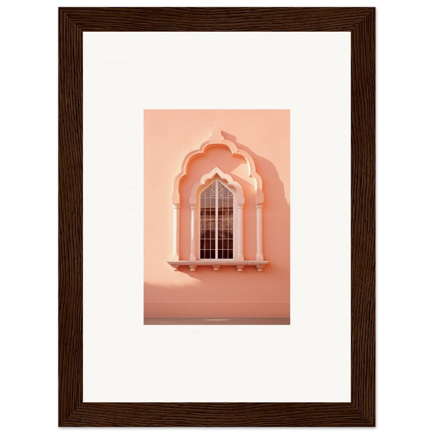Ornate arched window on a peachy-pink wall in Petalsebb Archmelancholy art