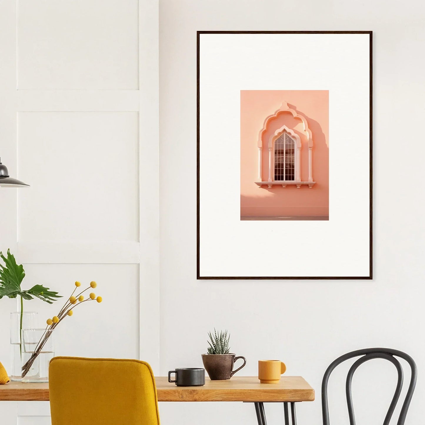 Framed art print of a pink-tinted arched window from Petalsebb Archmelancholy