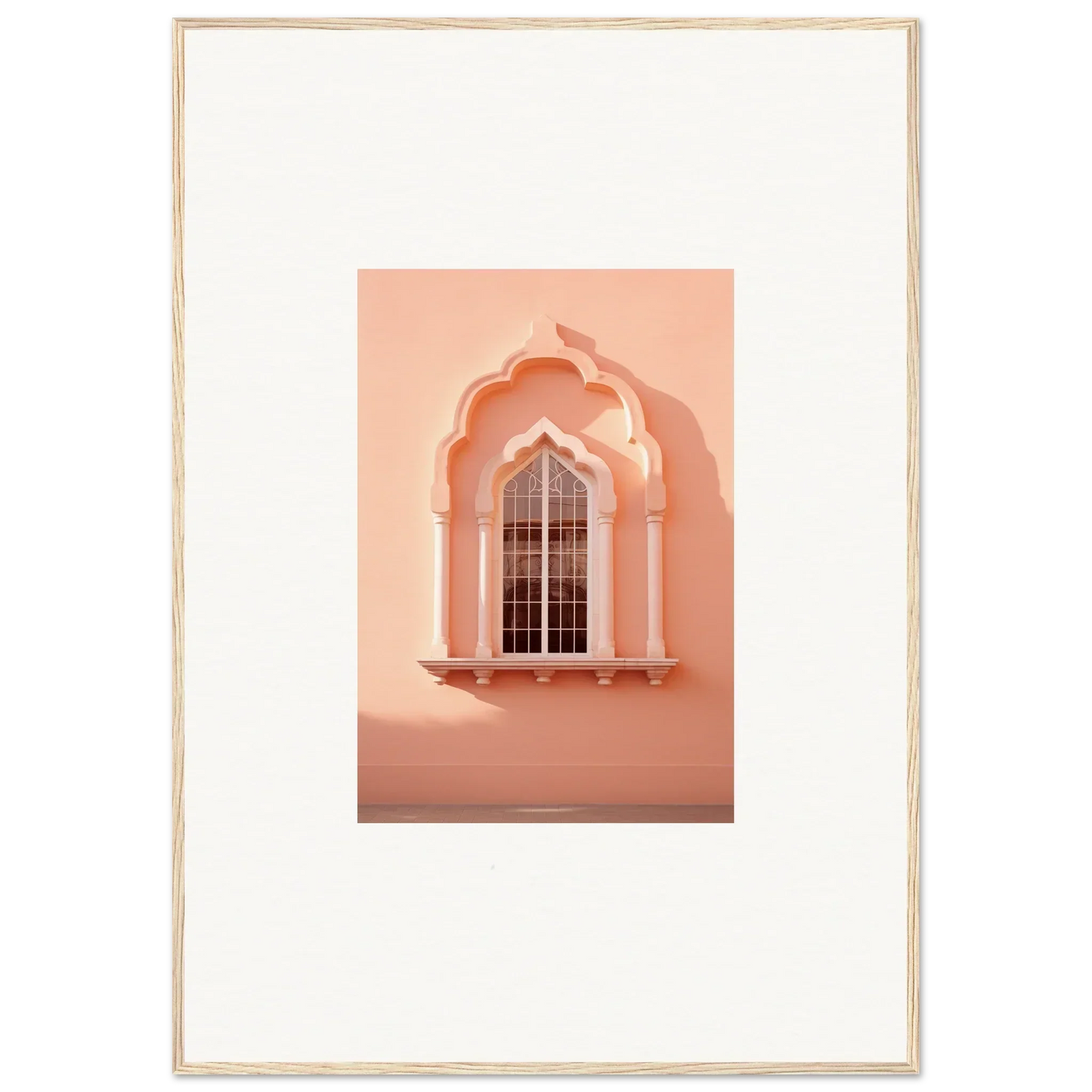 Ornate arched window with molding on peachy-pink wall from Petalsebb Archmelancholy special edition art™