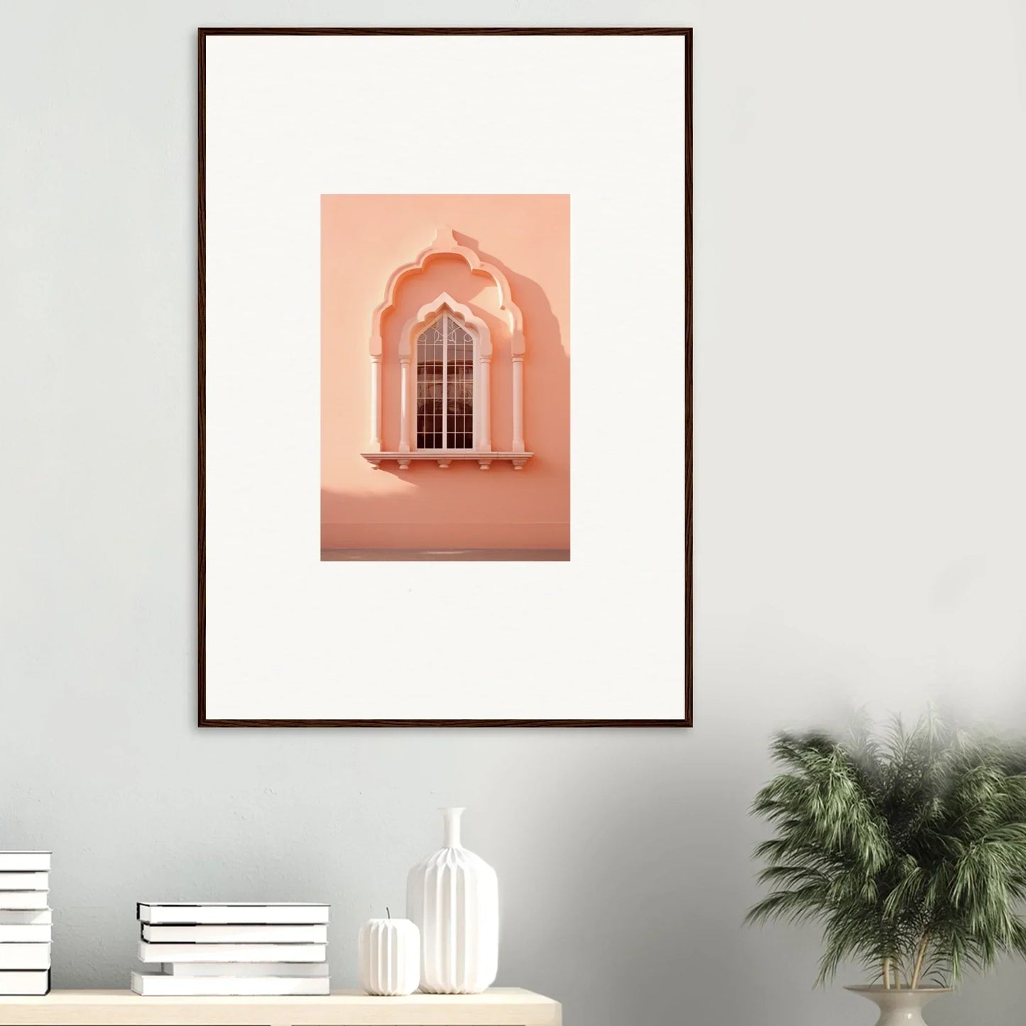 Framed Petalsebb Archmelancholy art print of a peachy-pink arched window