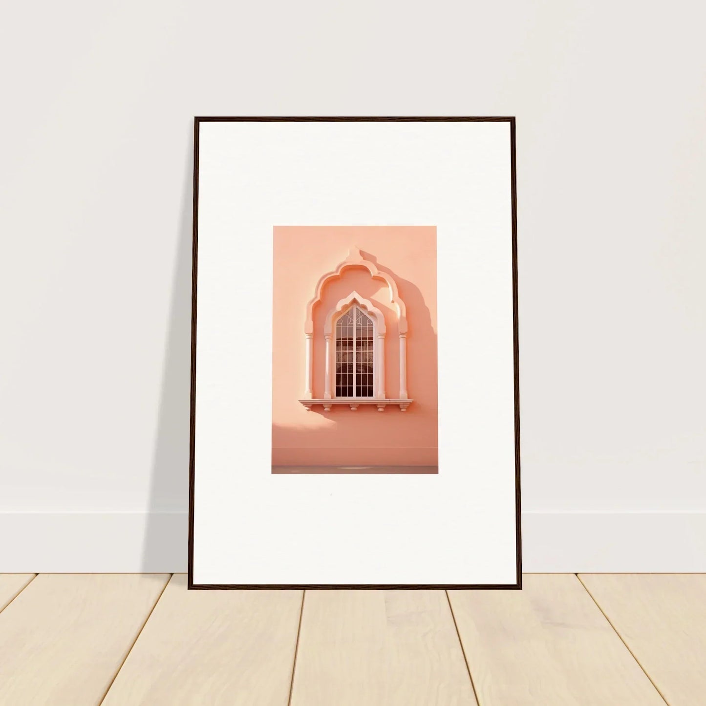 Framed art print of a peachy-pink arched window in Petalsebb Archmelancholy