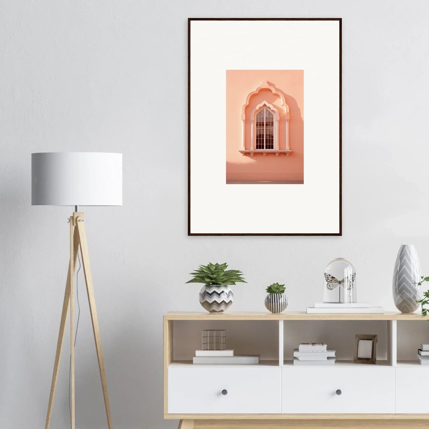 Framed art print of a peachy architectural window arch from Petalsebb Archmelancholy