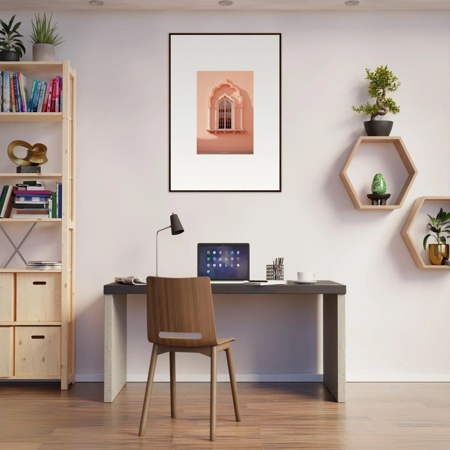 Simple desk workspace with wooden chair and tablet, featuring Petalsebb Archmelancholy
