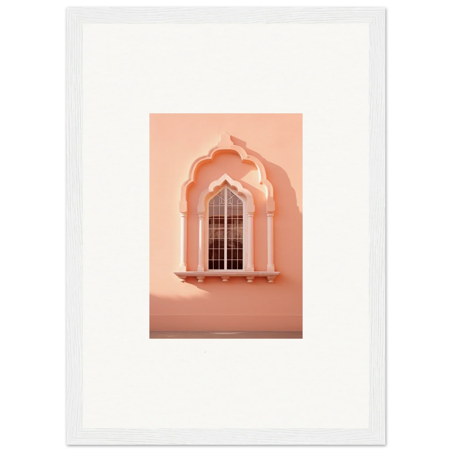 Ornate peach arched window with grillwork in Petalsebb Archmelancholy premium framed wall art