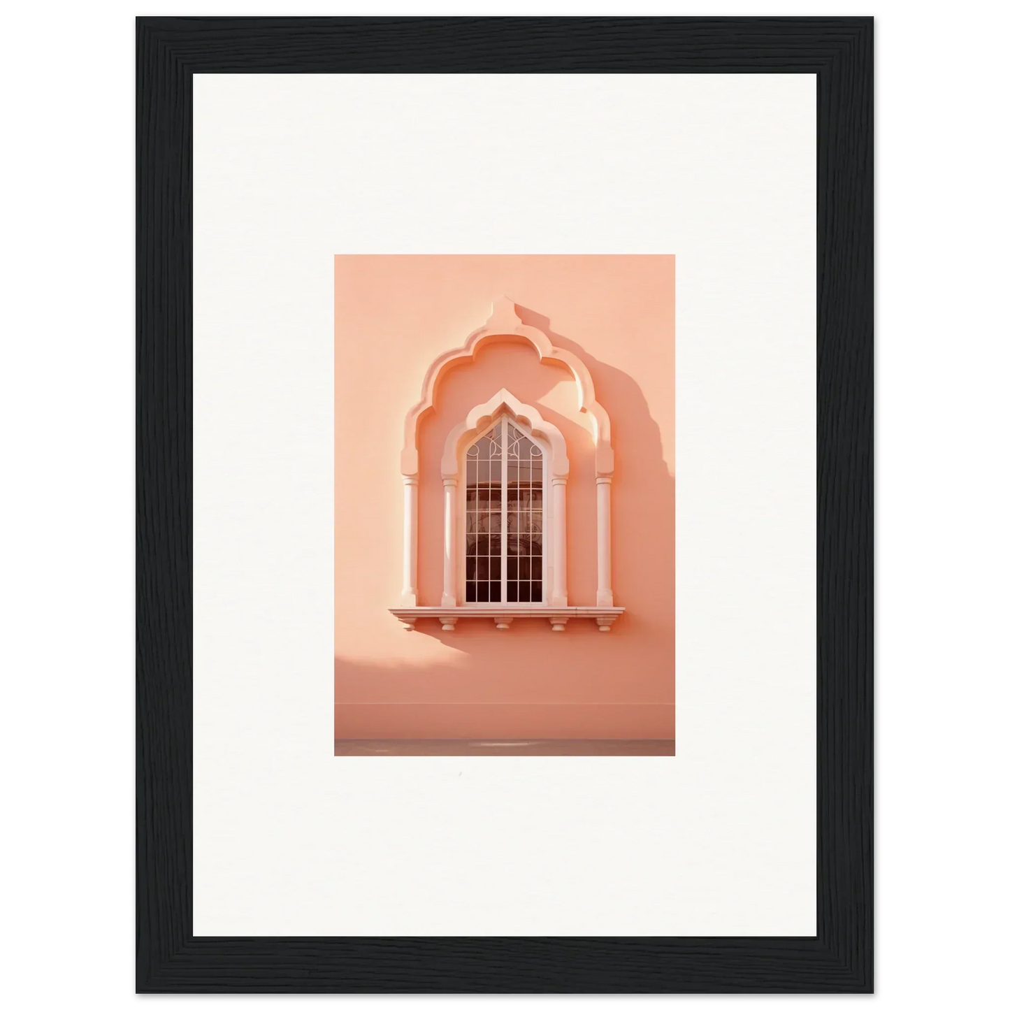 Ornate arched window with metal grillwork on a peachy-pink wall in Petalsebb Archmelancholy