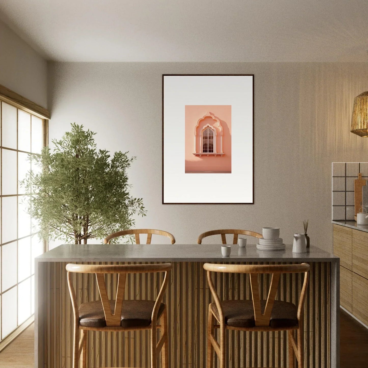 Minimalist dining area with wooden chairs, a white table, and Petalsebb Archmelancholy art