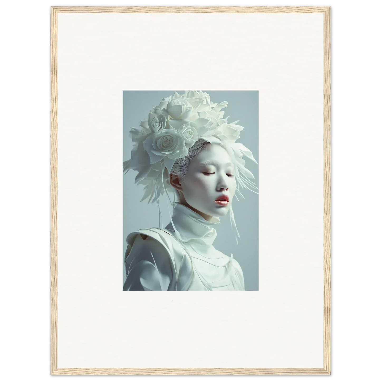 Framed portrait of a person in white makeup and a feathered headdress for room decoration