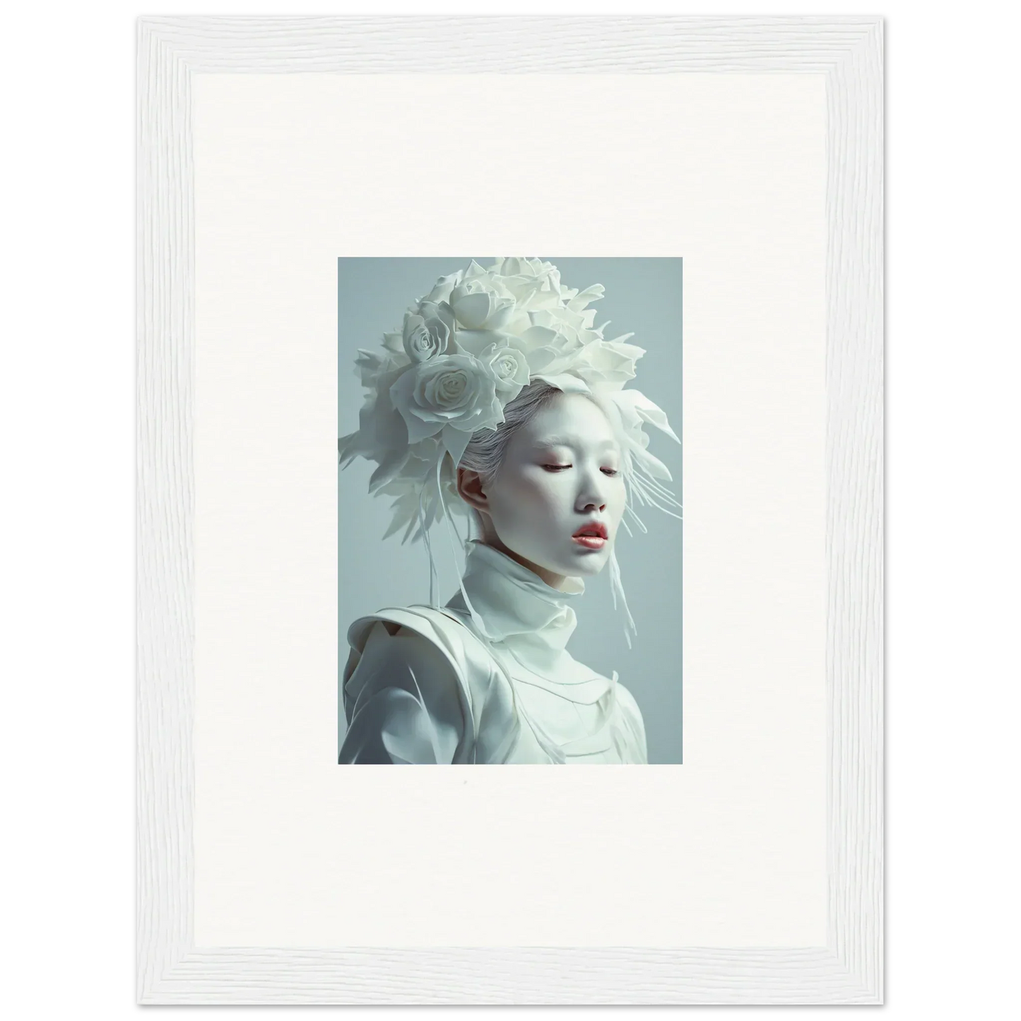 Portrait of a person in a white headdress, perfect for blossoms rising canvas print