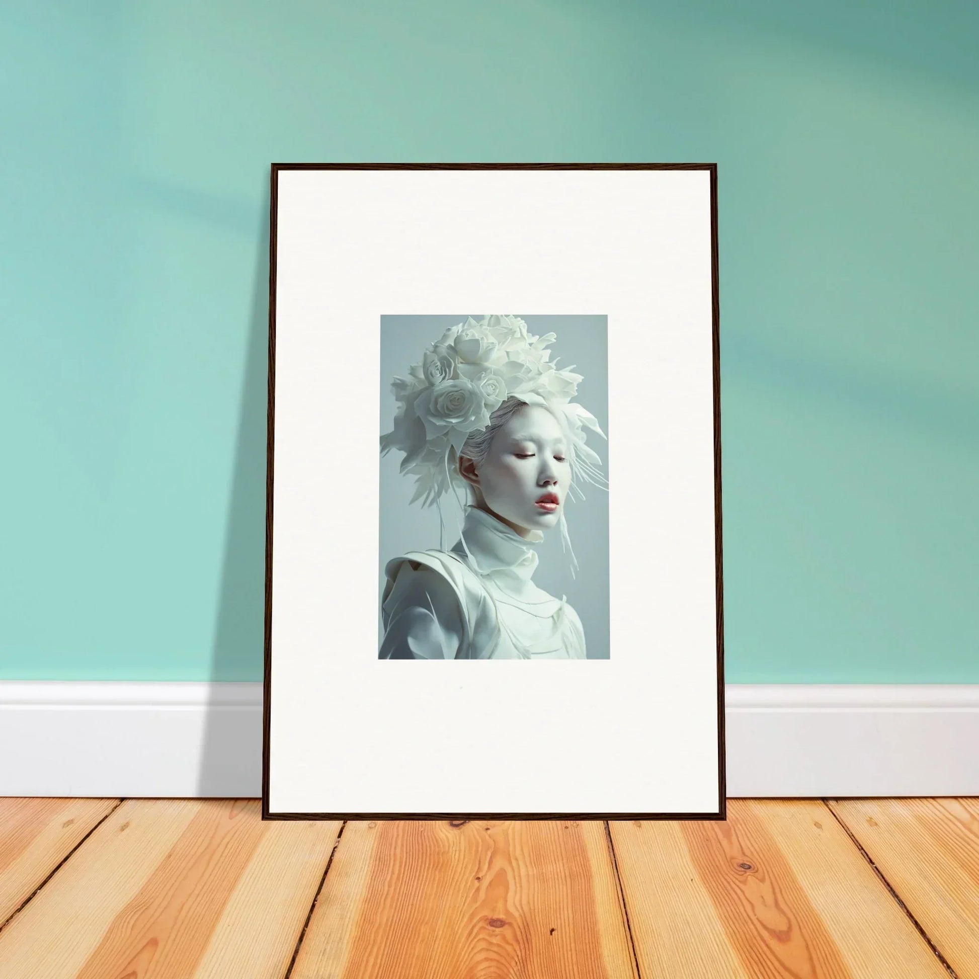 Framed black and white portrait of a person with striking white hair for canvas print room decoration