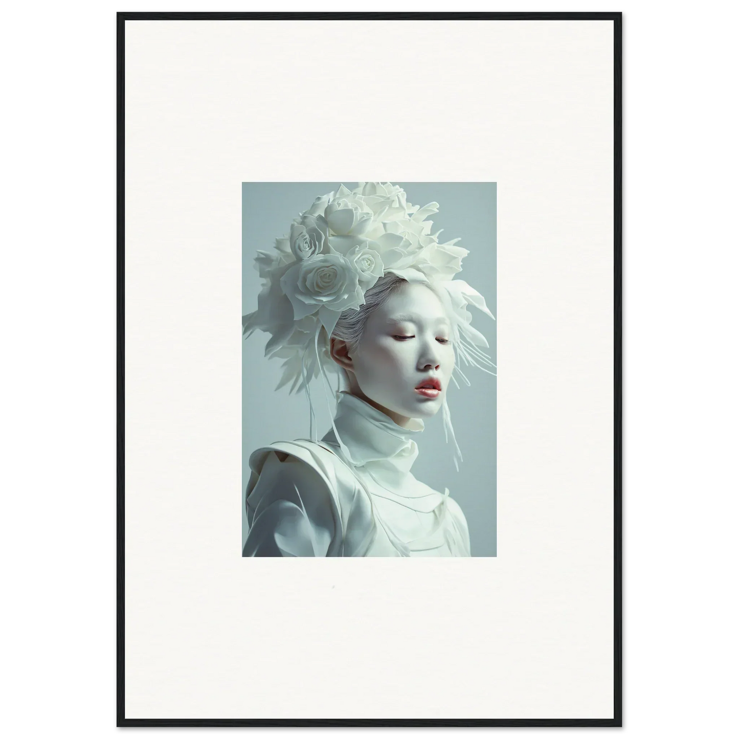 Portrait of a person with a white headdress for canvas print and room decoration, blossoms rising