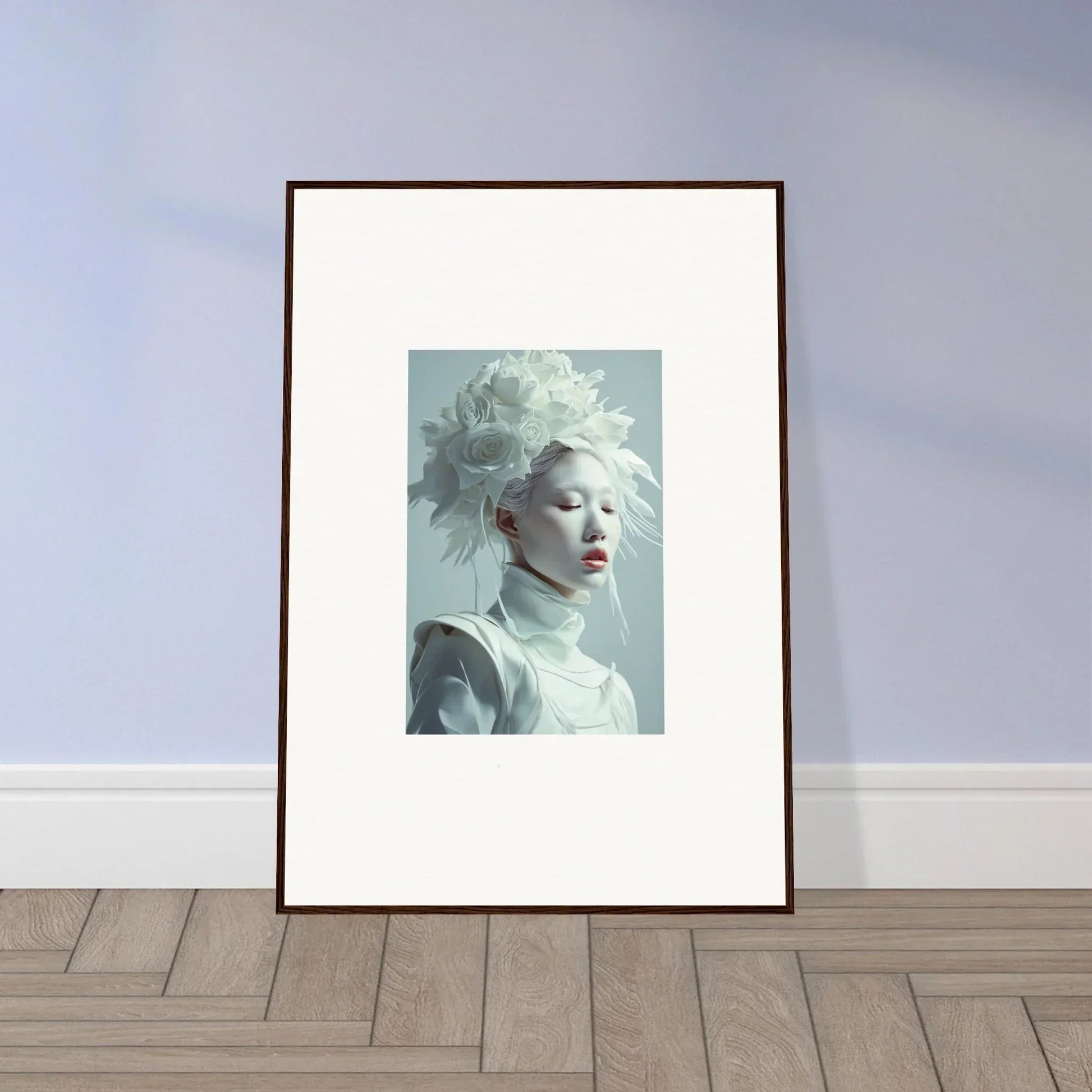 Framed canvas print of a pale-skinned person with white hair, perfect for room decoration