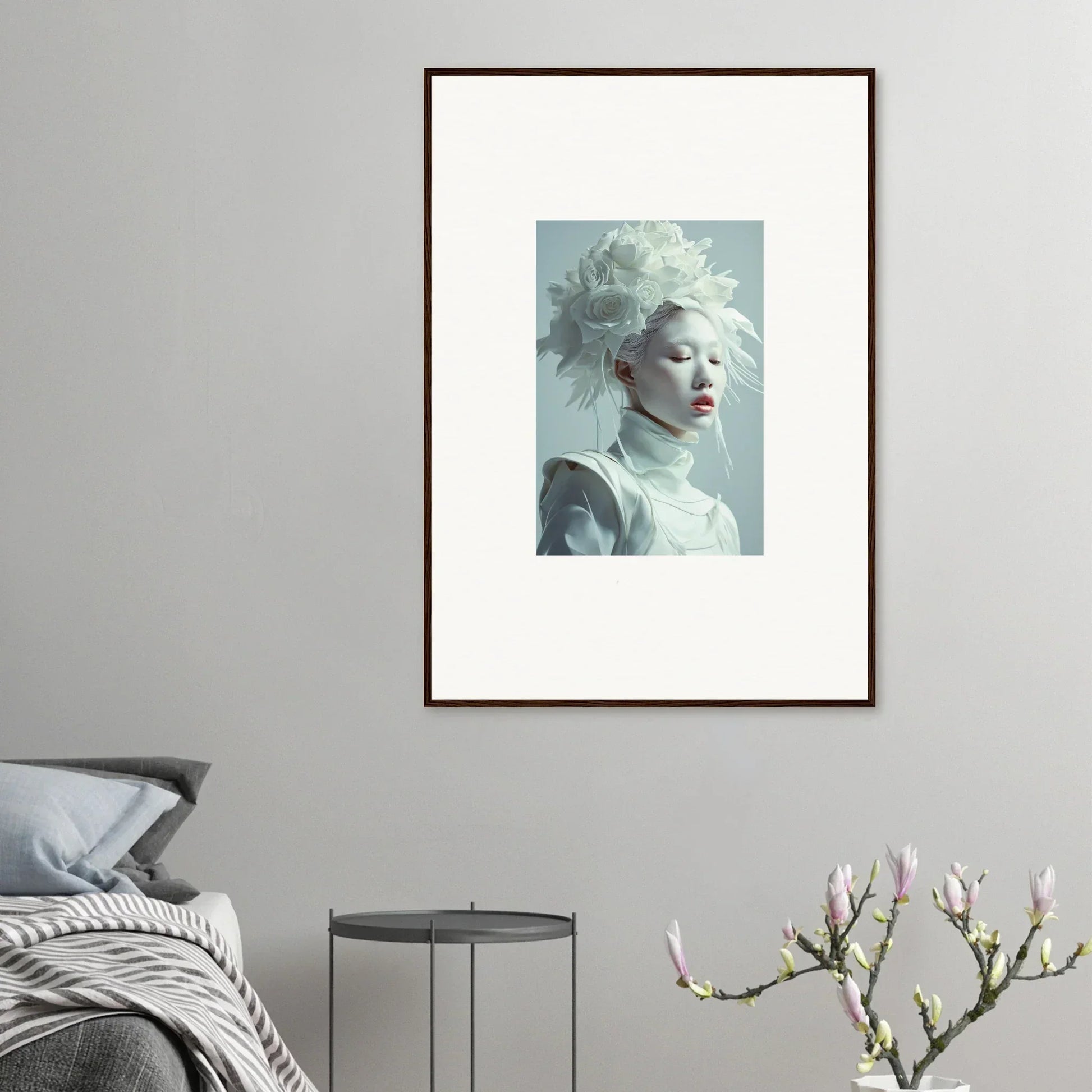 Framed canvas print of a pale-skinned person for unique room decoration, blossoms rising