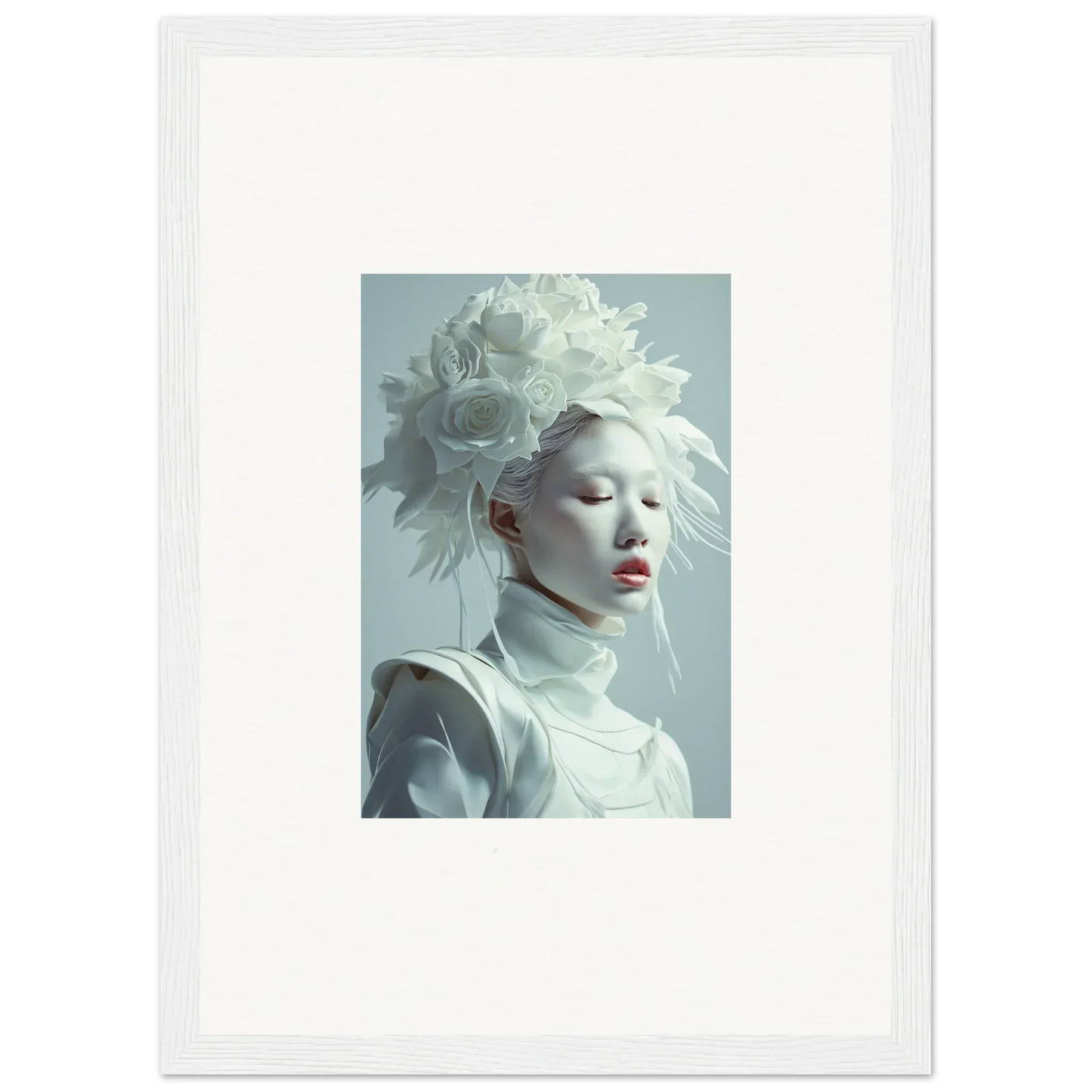 Avant-garde portrait of a person with pale skin and white hair for unique room decoration