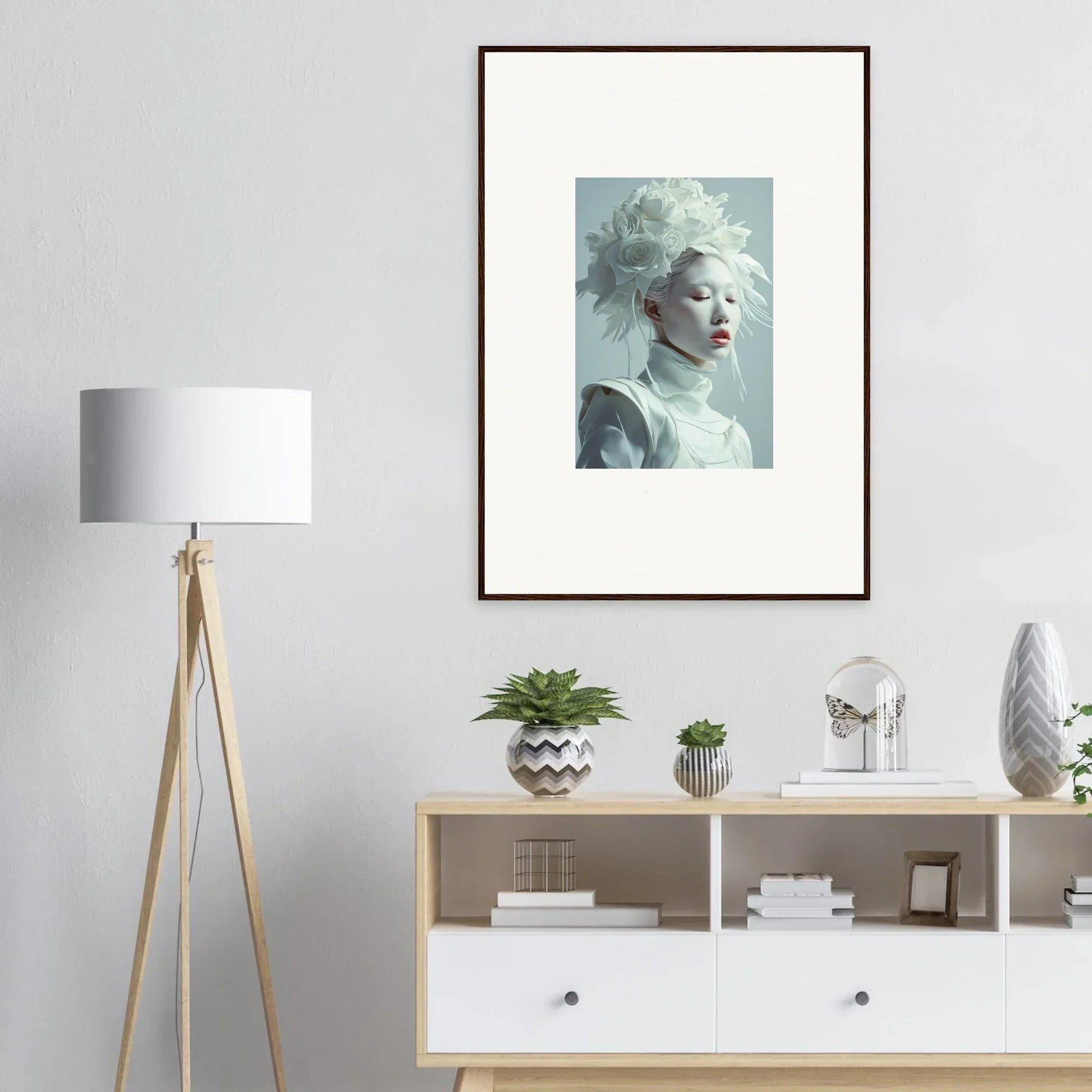 Framed canvas print of a person with white hair, perfect for room decoration in Blossoms Rising style