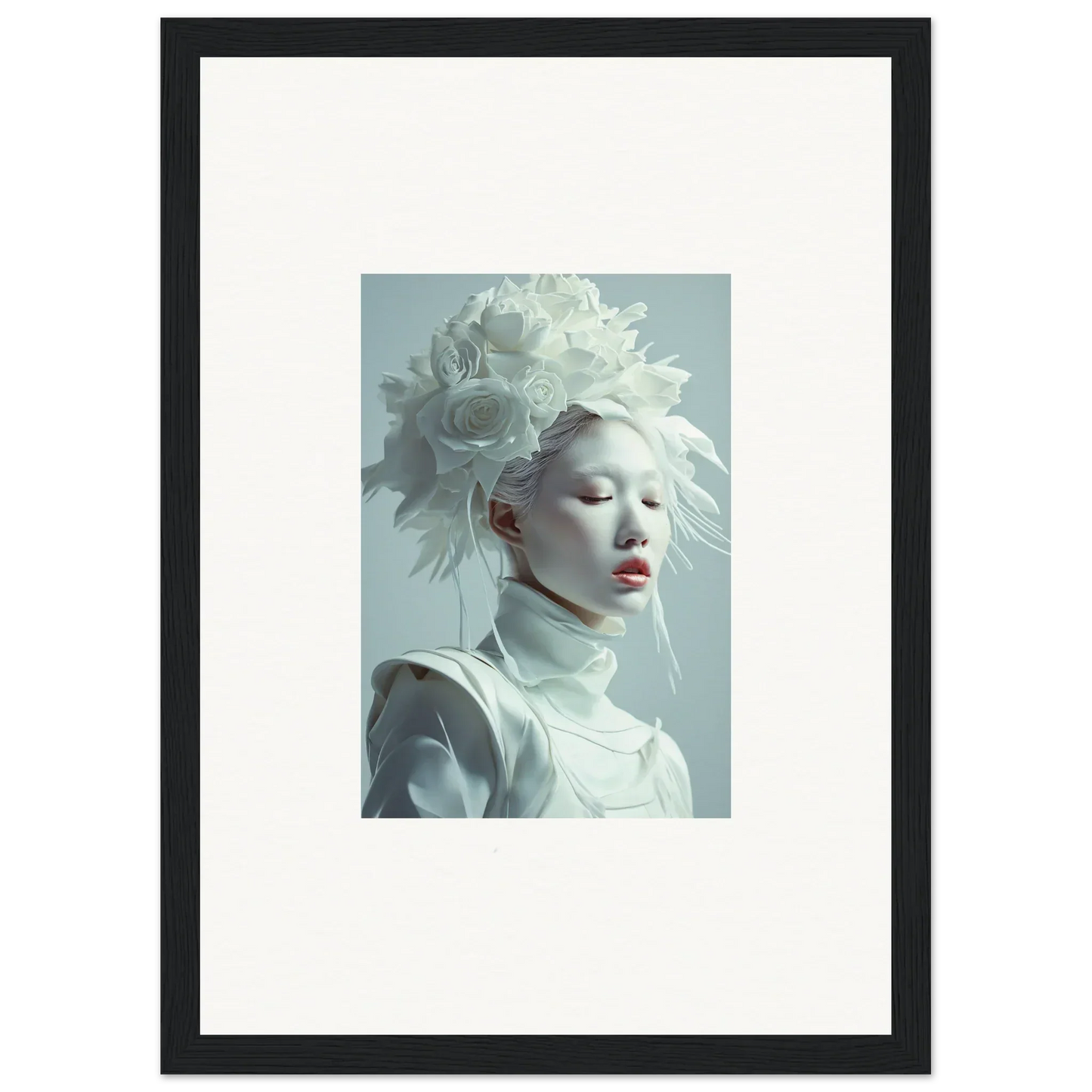 Framed canvas print of a pale figure in a high-necked white garment for room decoration