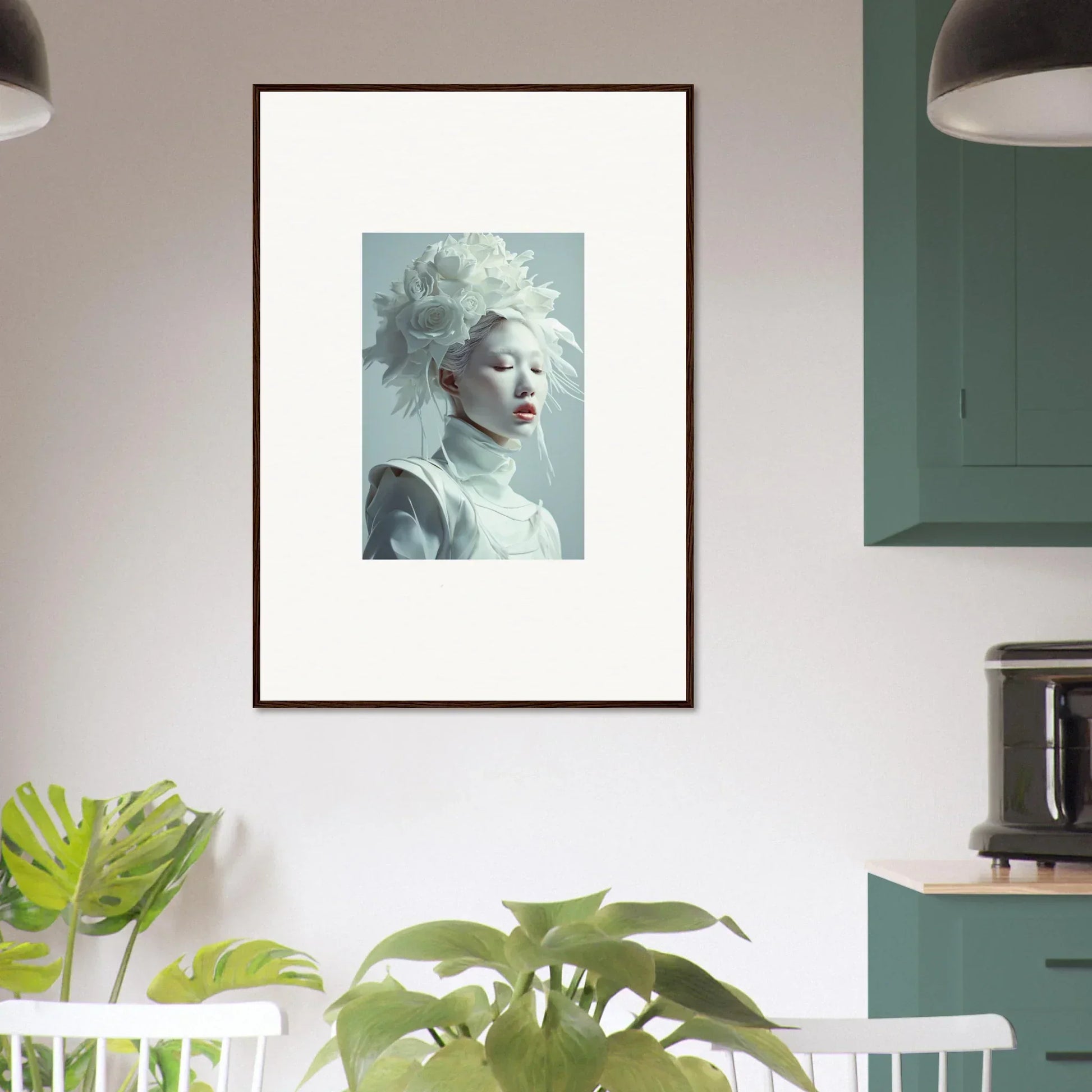 Framed canvas print of a person with a white headdress, perfect for room decoration