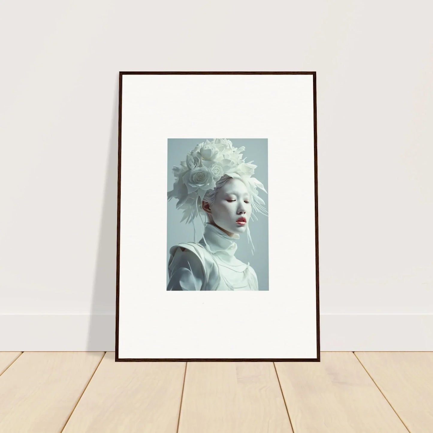 Framed portrait of a person with pale skin and white hair for room decoration, blossoms rising