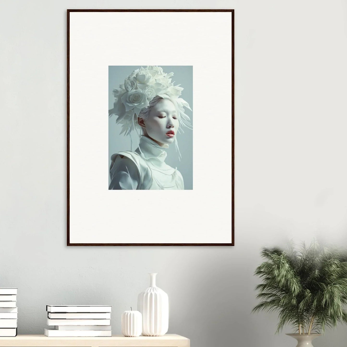 Framed canvas print of a pale figure with red lips, perfect for blossoms rising decor