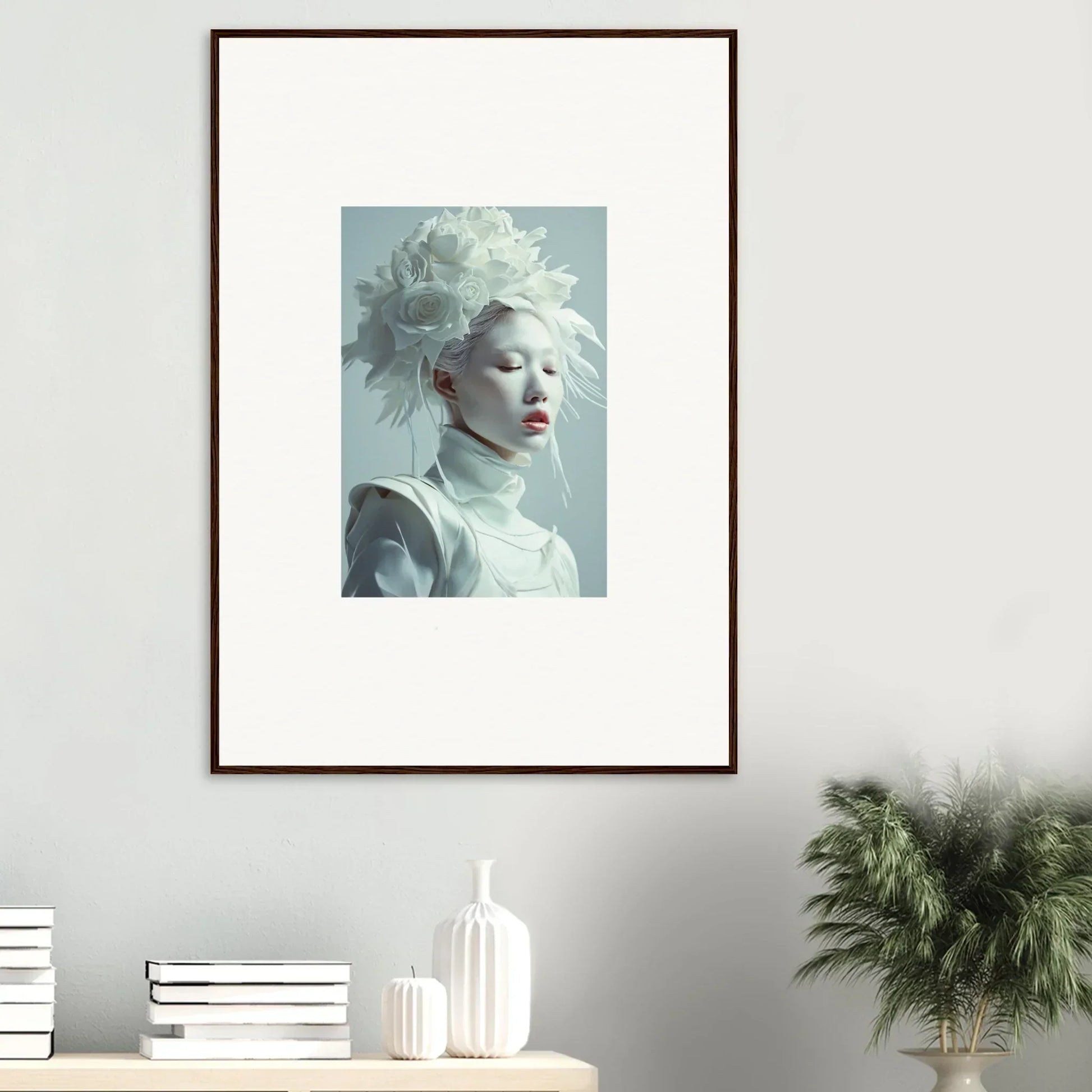 Framed canvas print of a pale figure with red lips, perfect for blossoms rising decor
