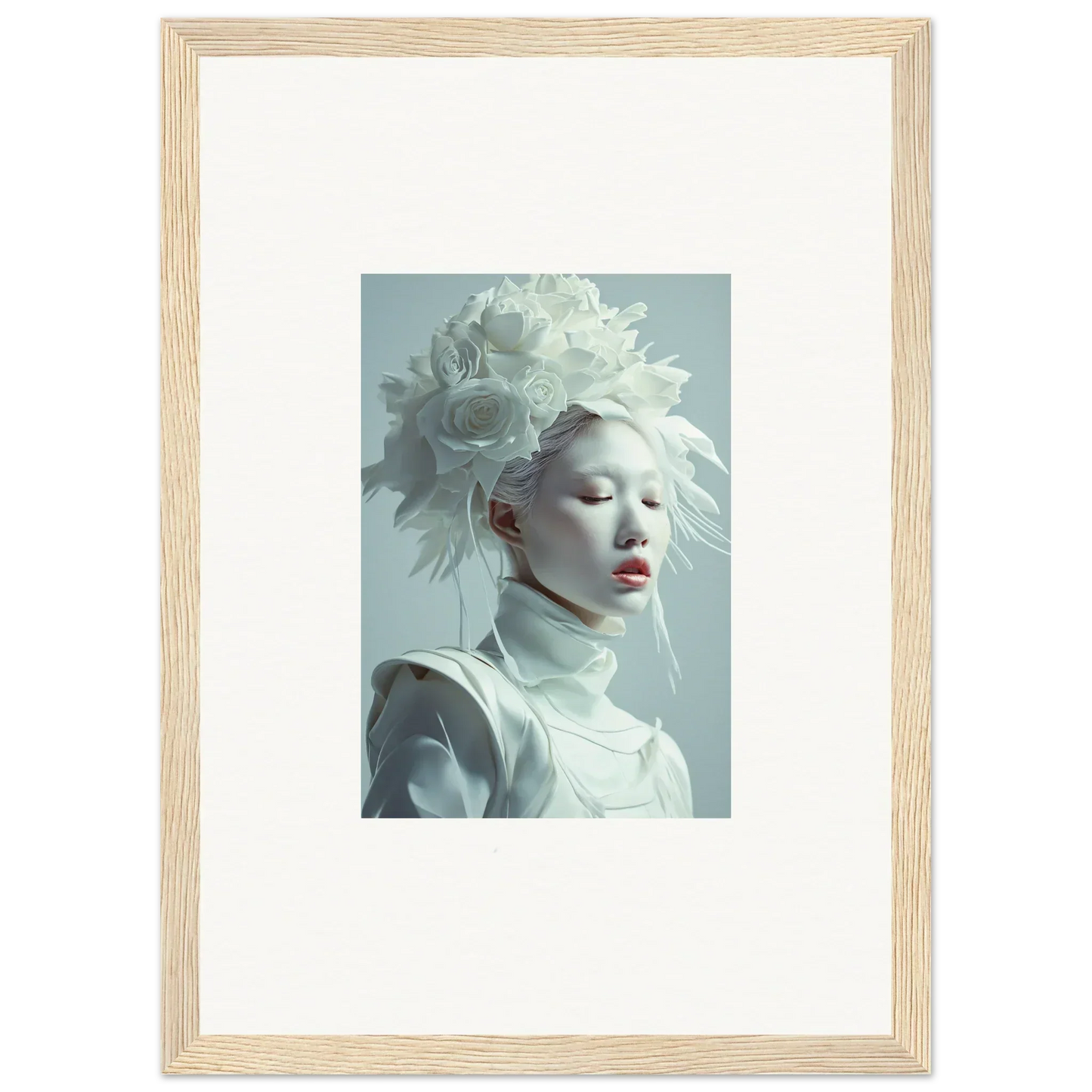 Portrait of a person with pale skin and floral headdress for blossoms rising canvas print