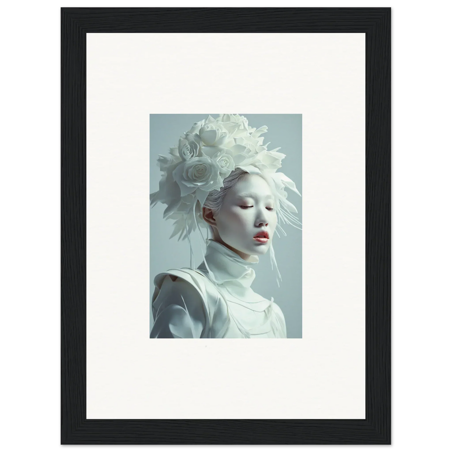 Framed canvas print of a pale person in a white outfit, perfect for blossoms rising room decoration