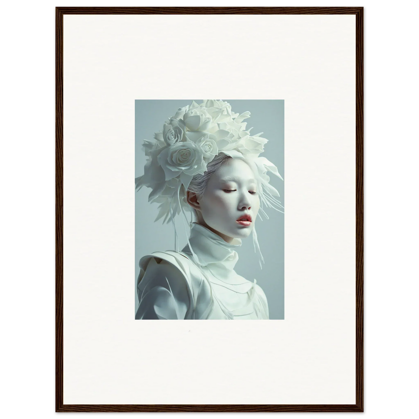 Portrait of a person in a white feather headdress for your blossoms rising canvas print
