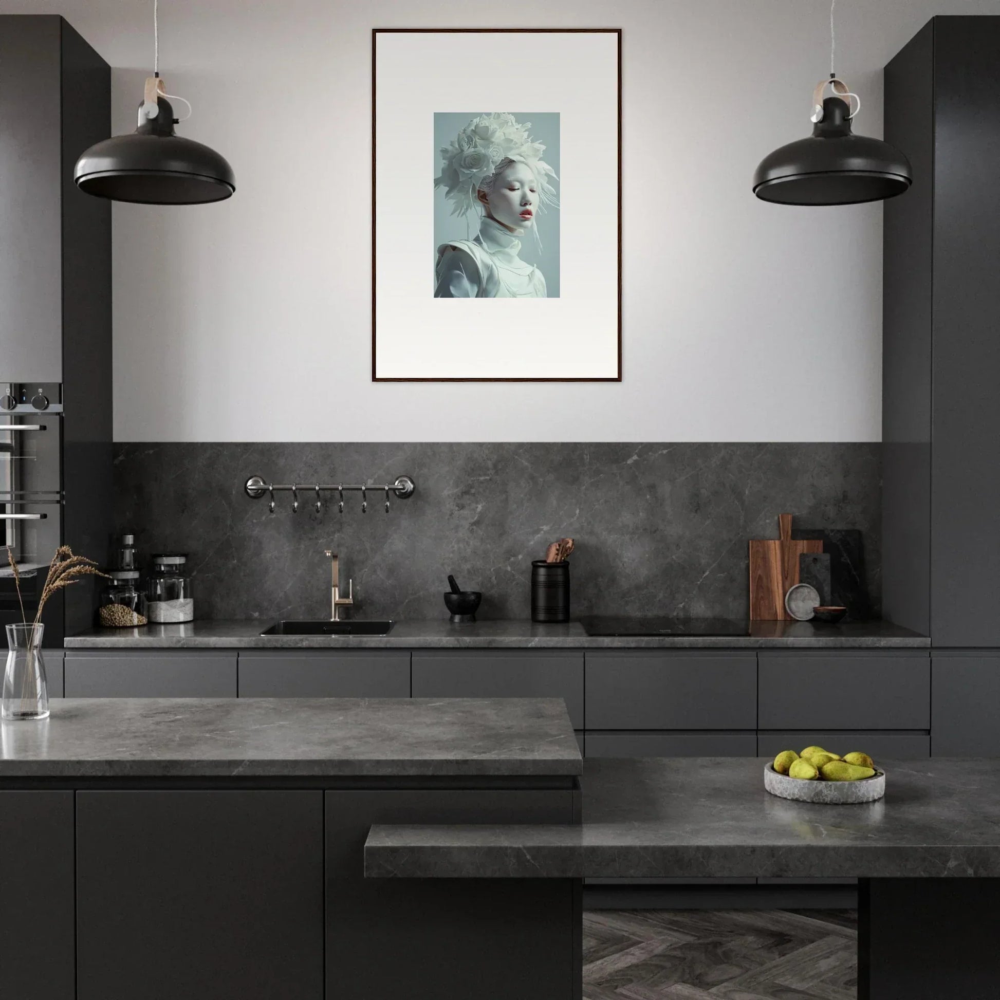 Modern dark gray kitchen with sleek cabinetry and a canvas print of Blossoms Rising