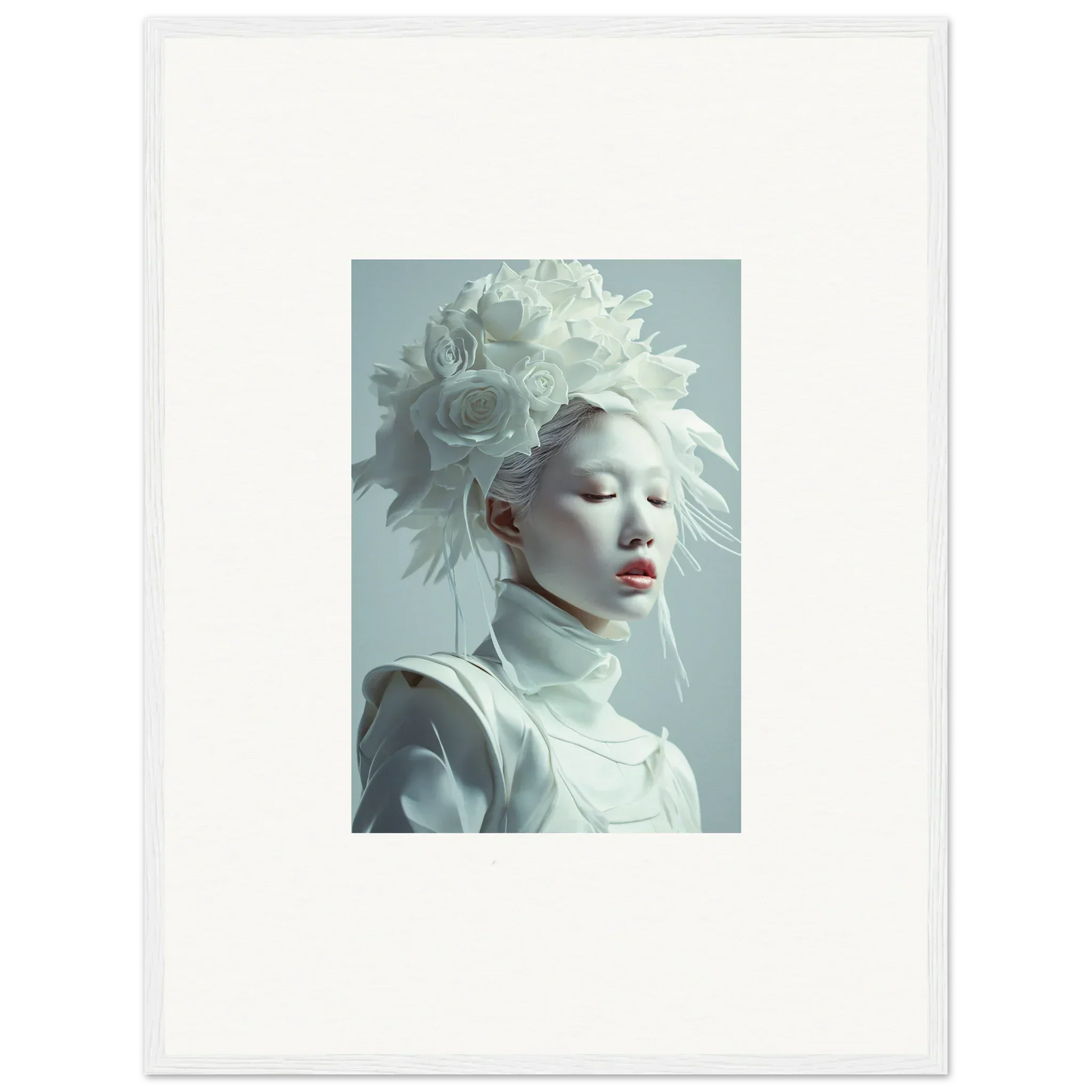 Portrait of a person in a white feathered headdress for blossoms rising canvas print