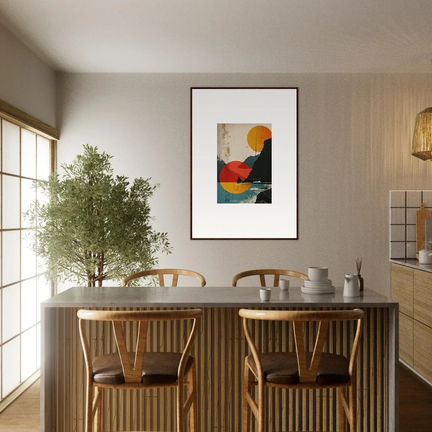 Dining area featuring a wooden table, chairs, and a divine reflection canvas print