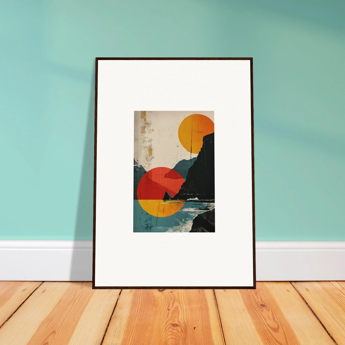 Framed abstract canvas print of geometric shapes and divine reflection orange circle