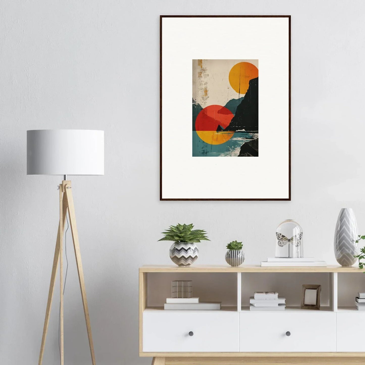 Abstract geometric artwork in a wooden frame, perfect for divine reflection room decoration