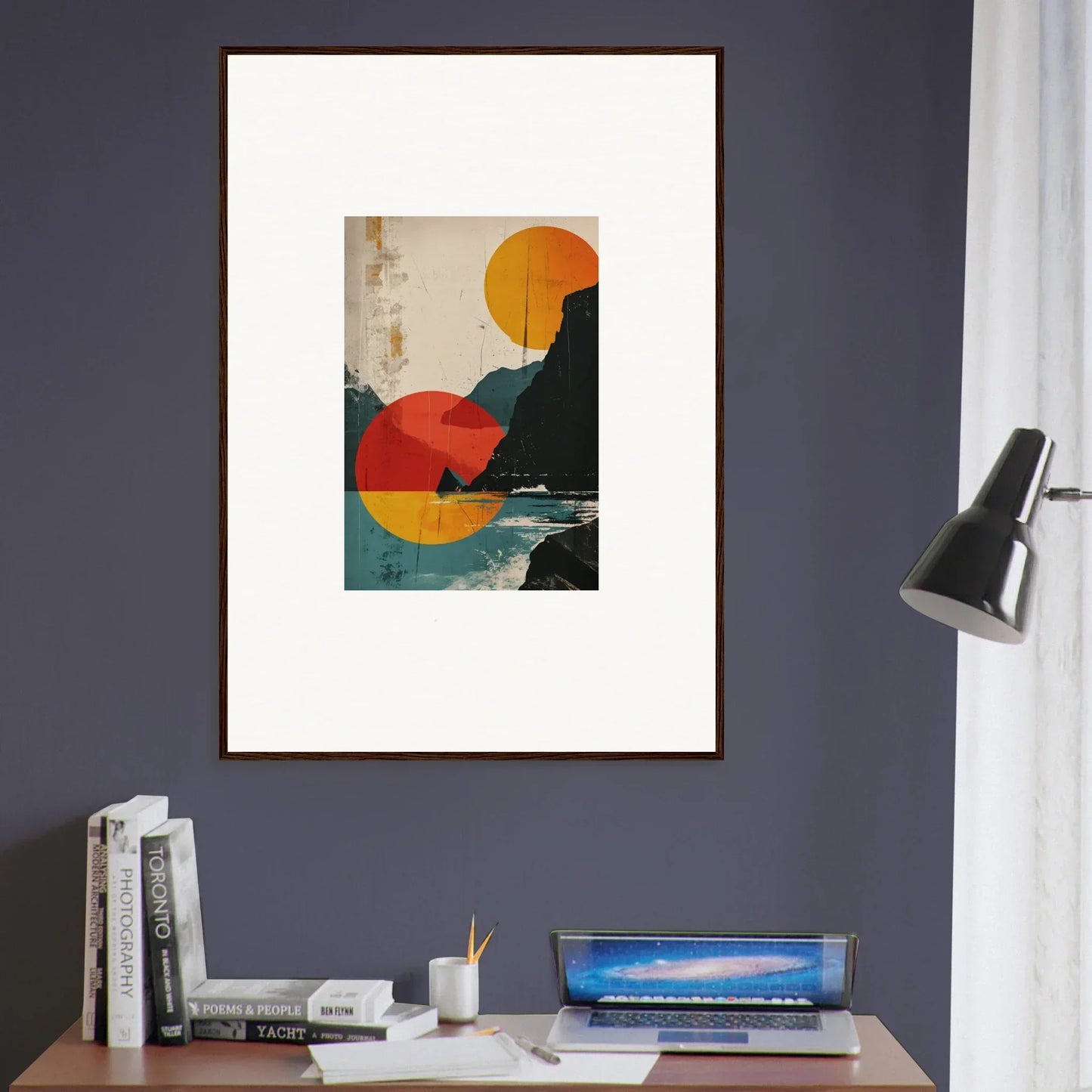 Framed abstract canvas print of geometric shapes in sunset colors for divine reflection room decoration