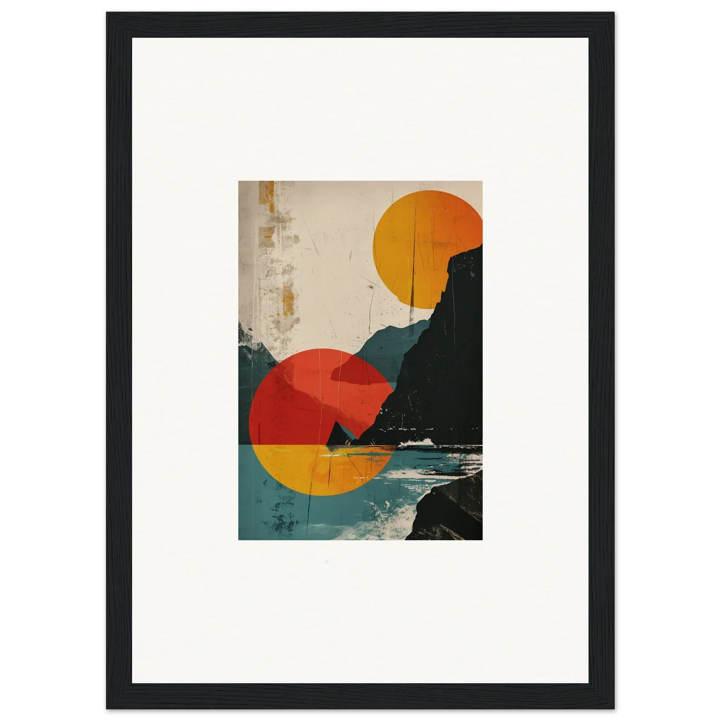 Framed abstract canvas print of geometric shapes with a coastal divine reflection
