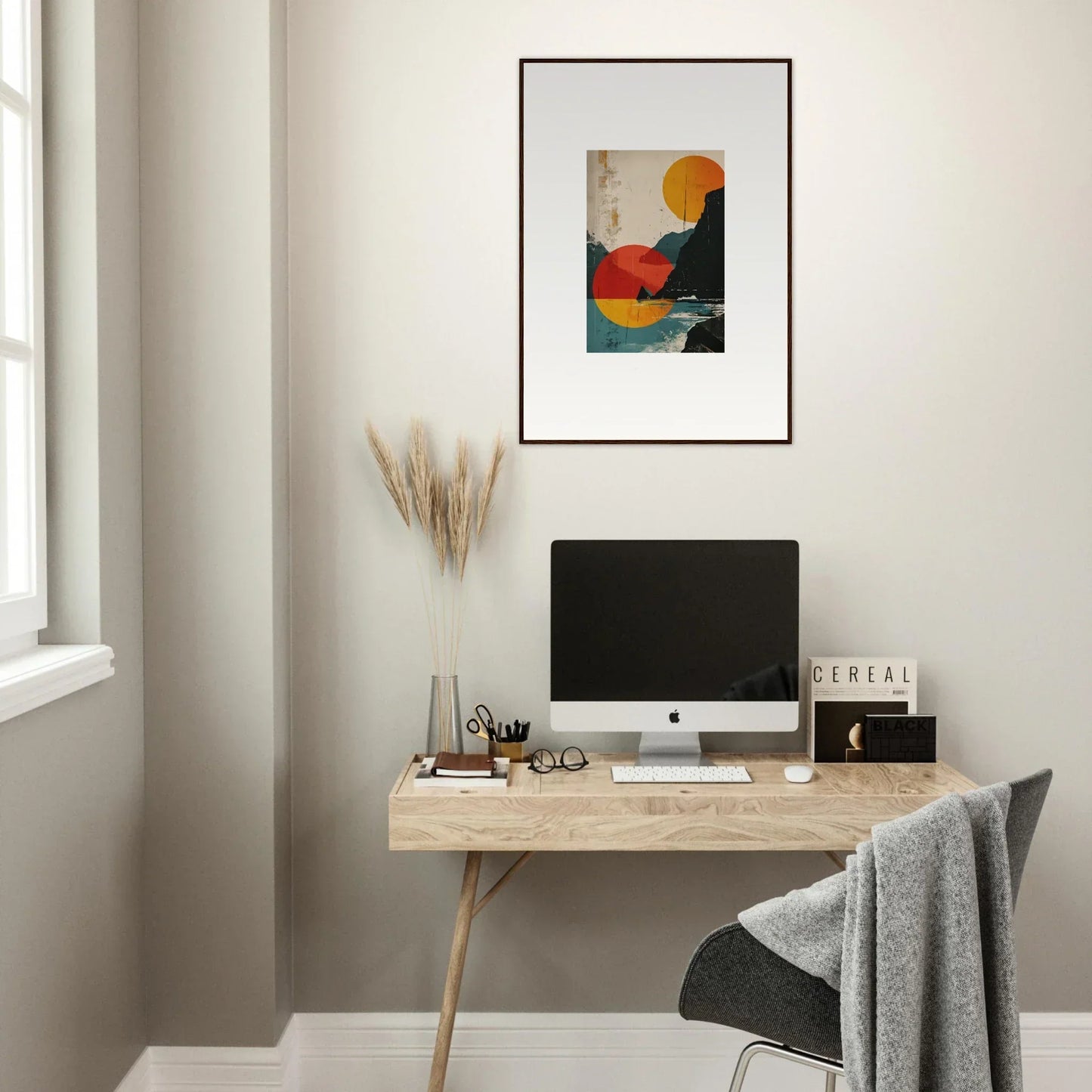 Minimalist wooden desk with computer and divine reflection canvas print for room decoration