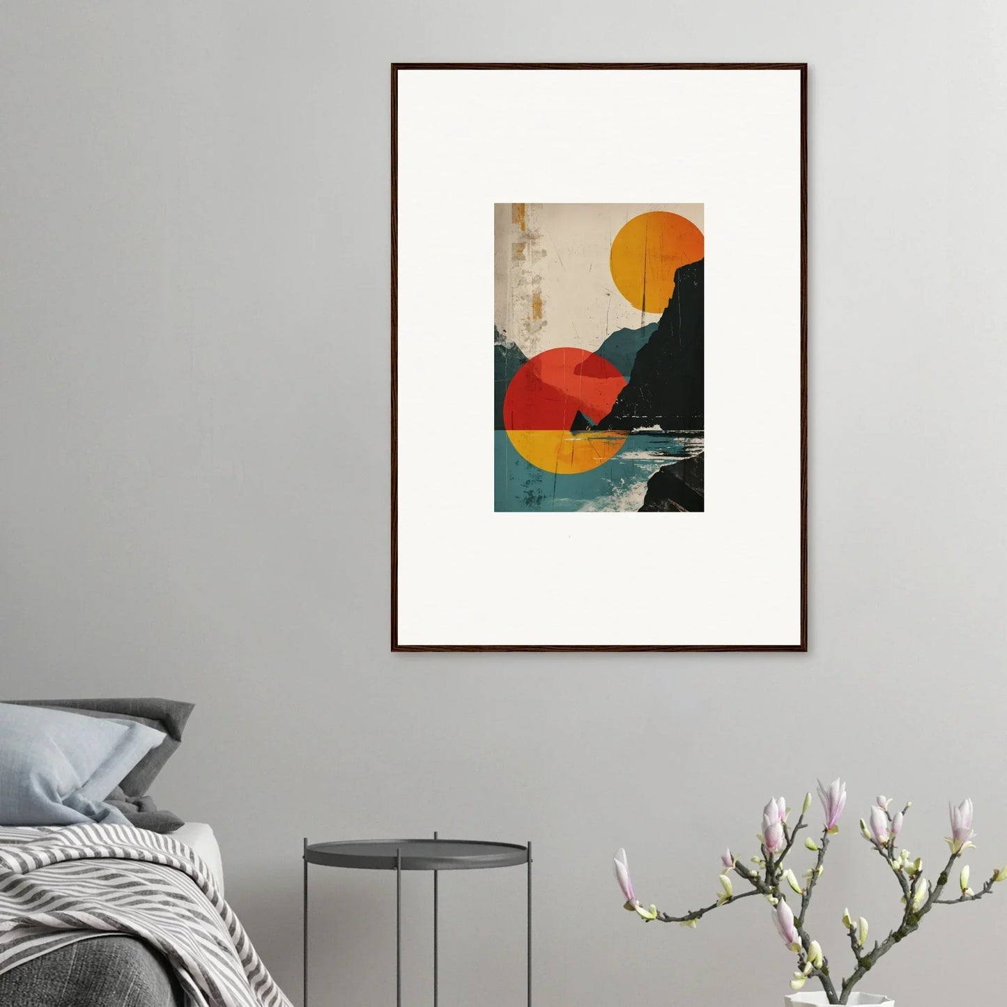 Framed abstract canvas print of geometric shapes in sunset colors, perfect for divine reflection room decoration