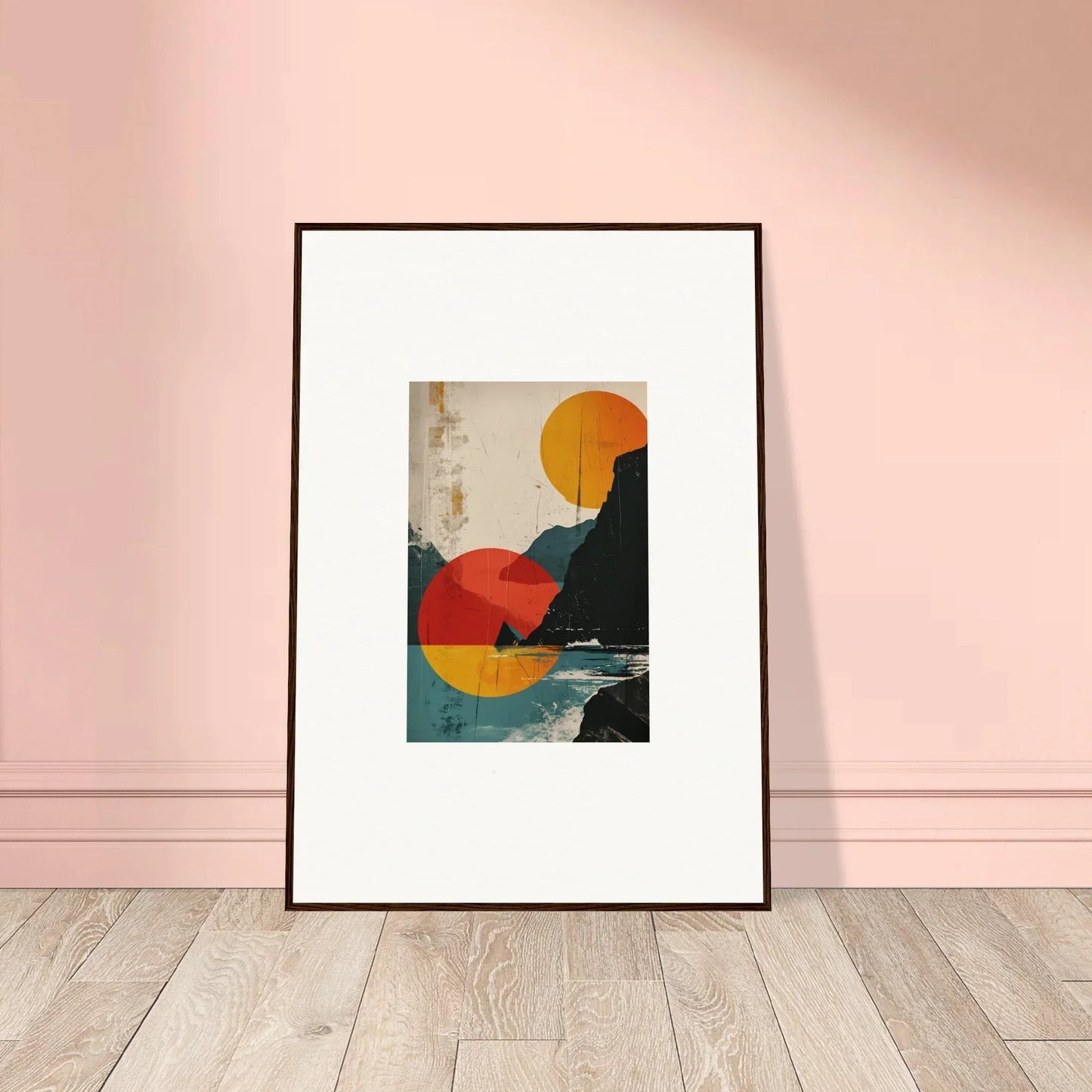 Framed abstract canvas print with geometric shapes and coastal scene for divine reflection