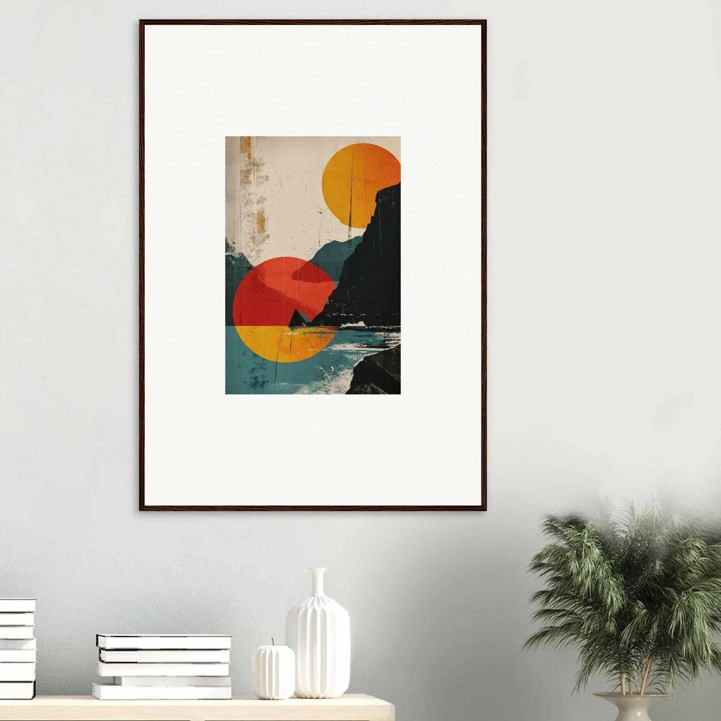 Framed abstract landscape canvas print with geometric shapes and divine reflection vibes