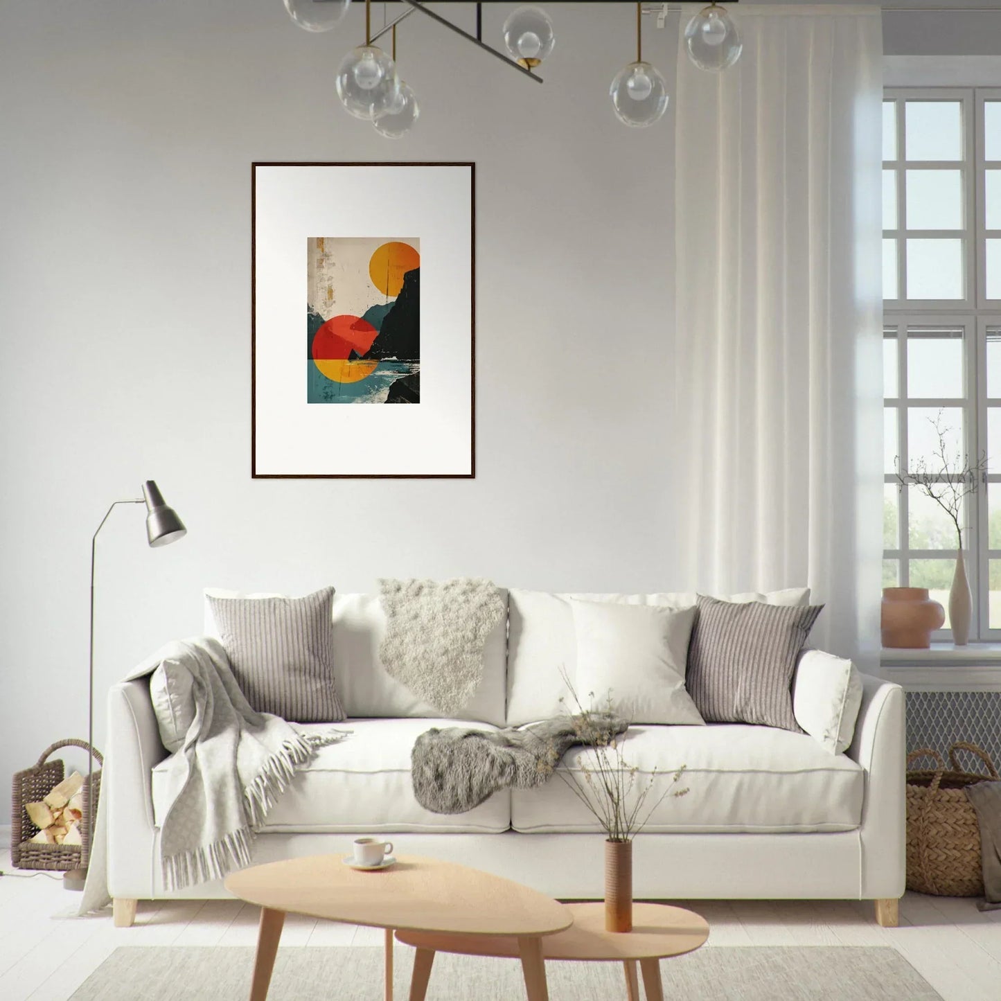 Stylish white sofa with throw pillows and blankets for divine reflection room decoration