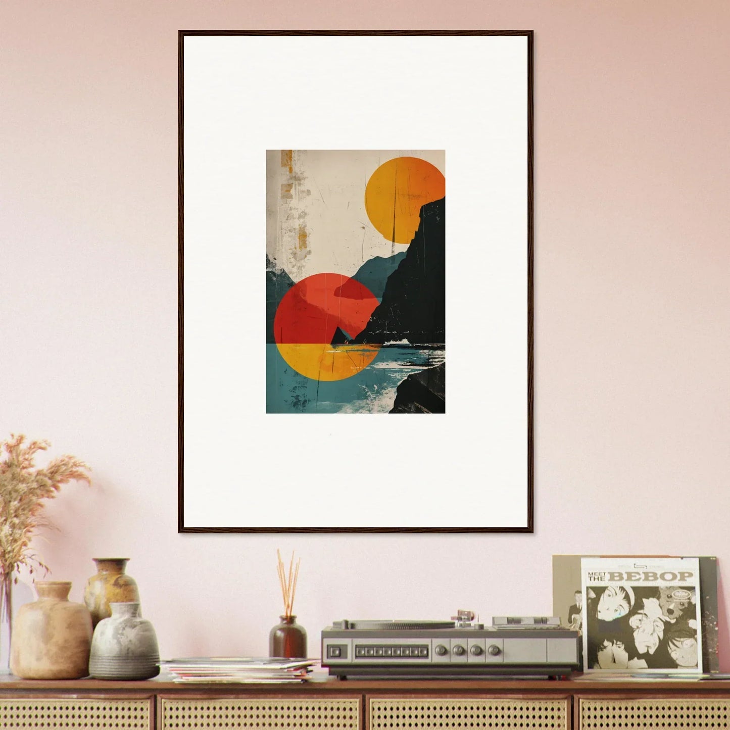 Framed abstract canvas print of geometric shapes and coastal landscape for divine reflection room decoration