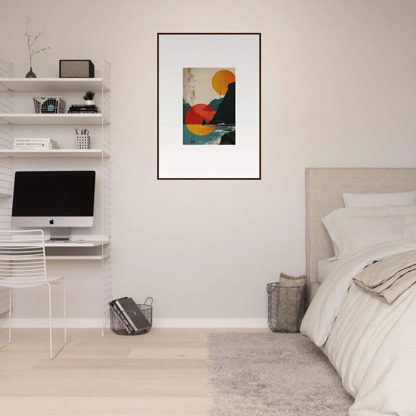 Modern minimalist bedroom with divine reflection canvas print enhancing room decoration