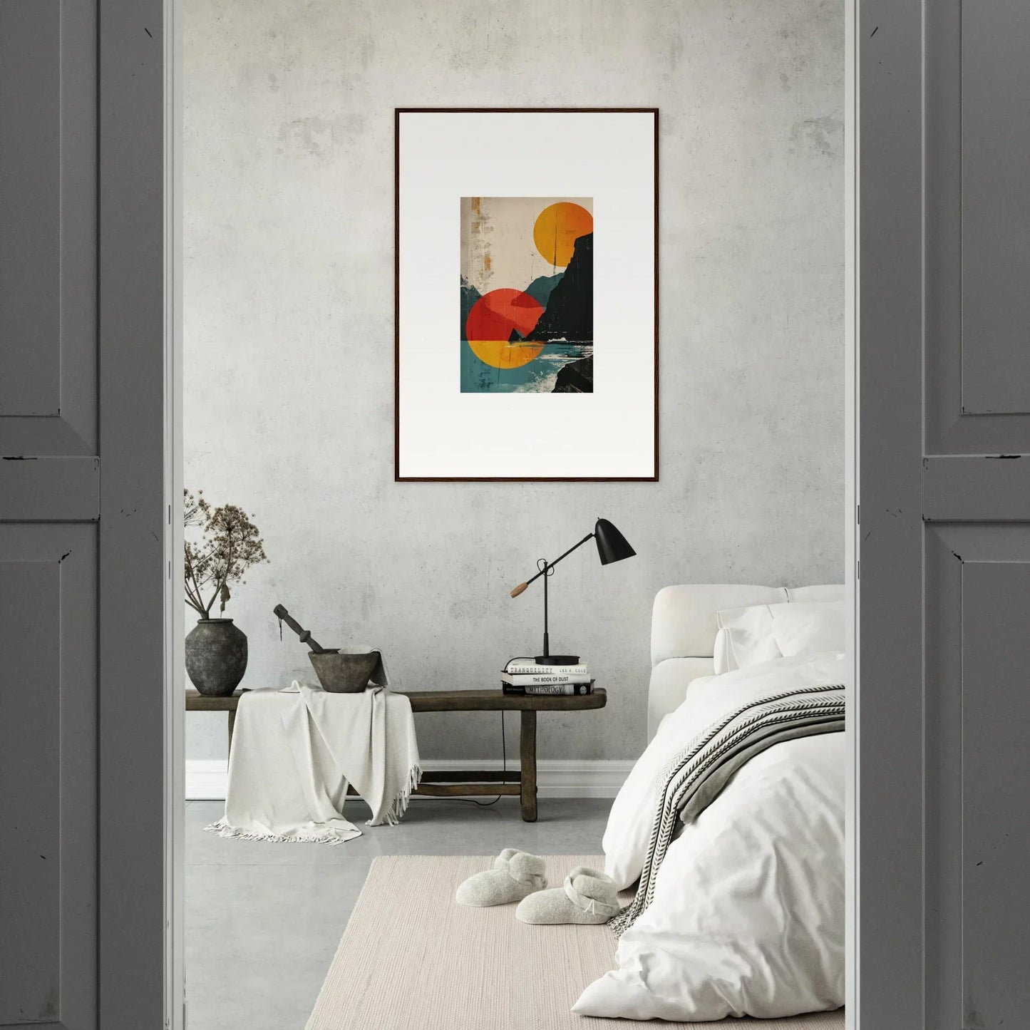Framed abstract canvas print with geometric shapes and a sun-like circle for divine reflection
